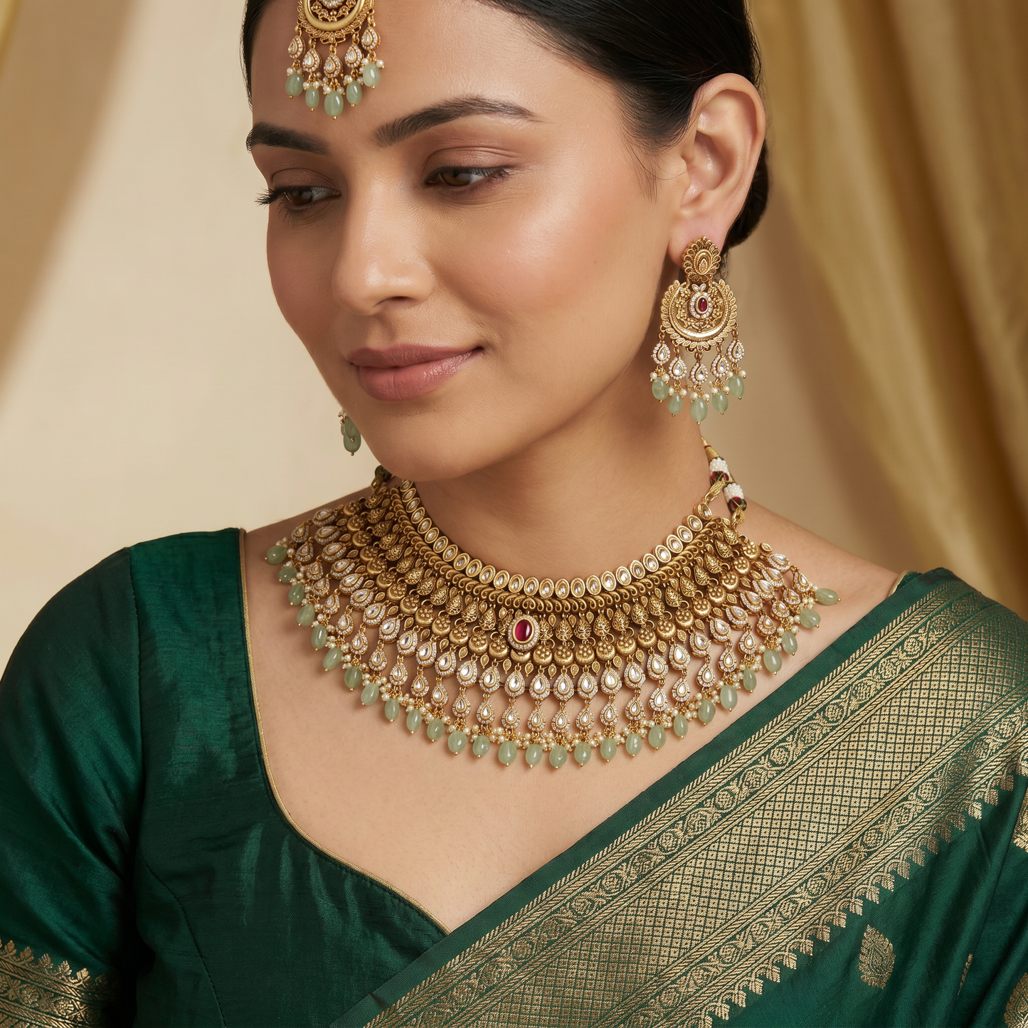 Royal Antique Choker with Pear Stone Lattice and Fringe Border