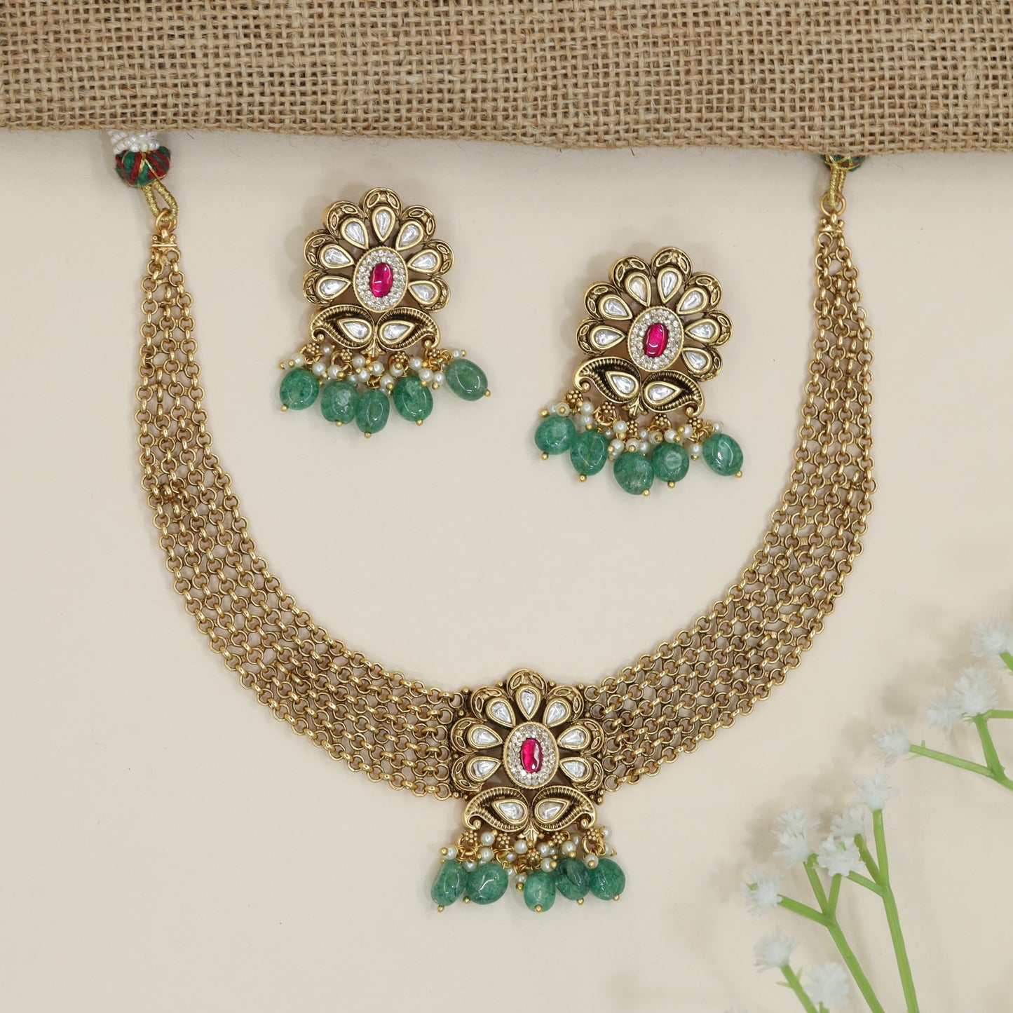 Chain Mesh Antique Necklace with Floral Centrepiece Design