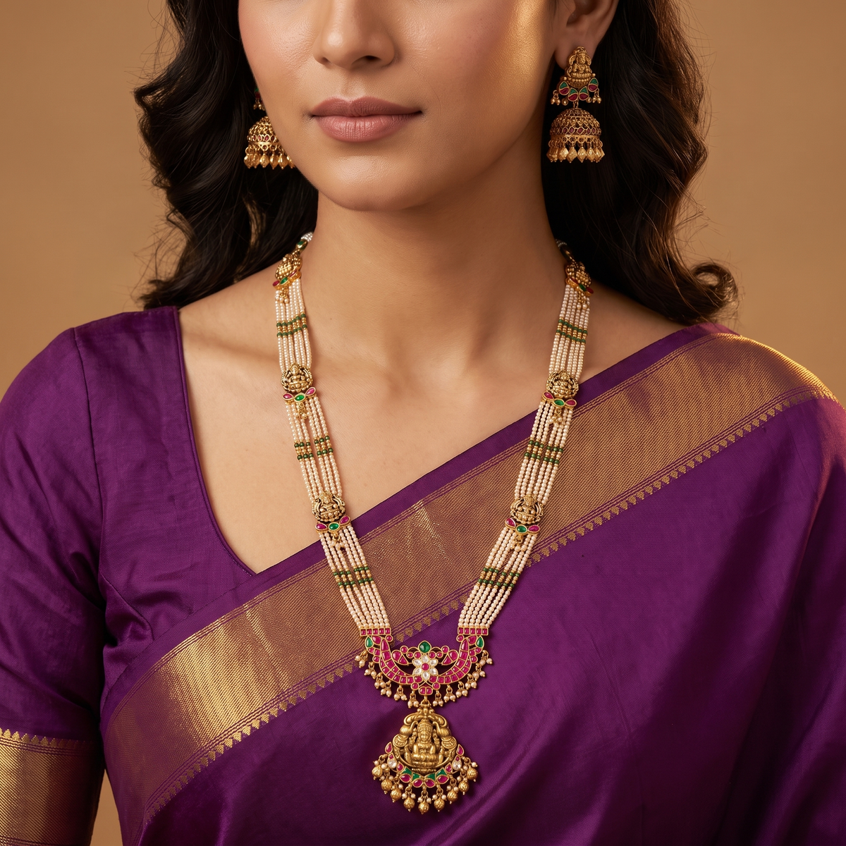Lakshmi medallion Antique Beads Long Haara with decorative strand detailing