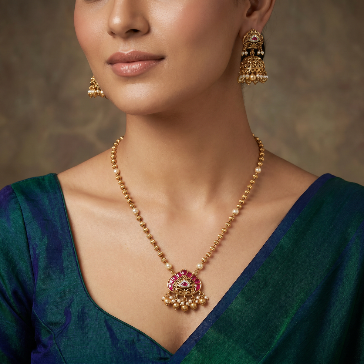 Antique Beaded Chain with Ornamental Pendant and Jhumka Earrings