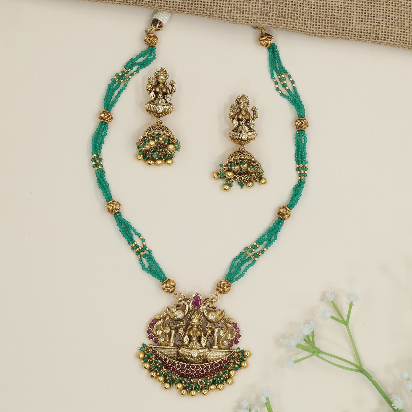 Antique Temple Beads Necklace with Lakshmi Pendant and Matching Jhumkas