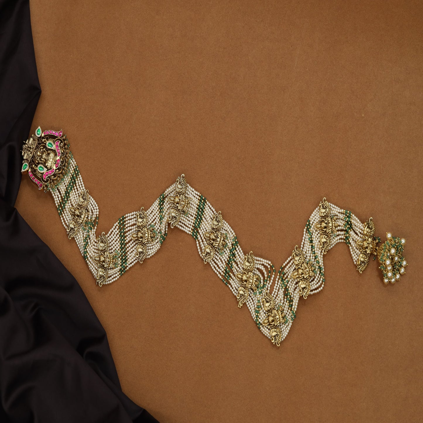 Antique Jade Haaram with Lakshmi Pendant and Multi Strand Pearl Weave