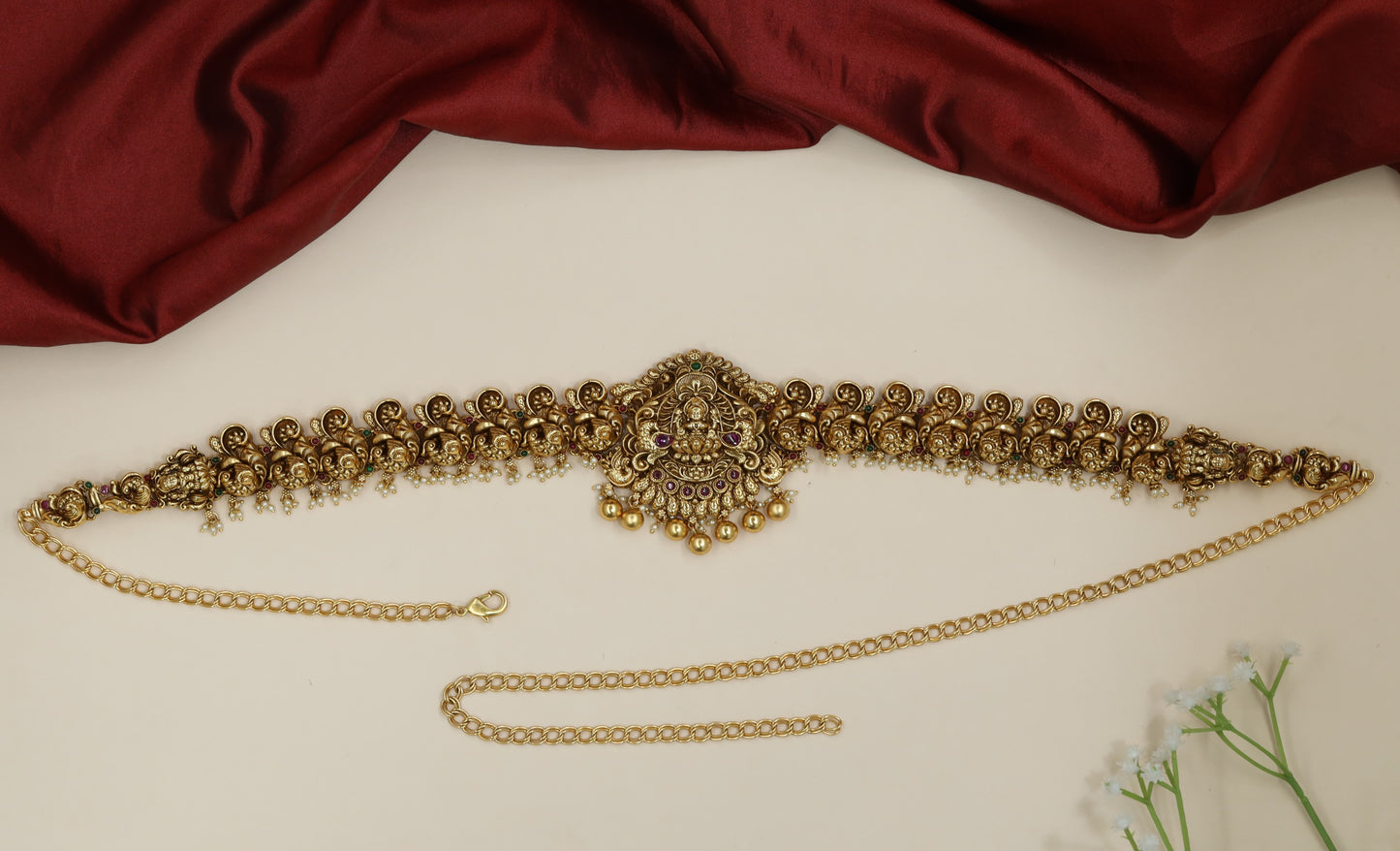 Grand Antique Waist Belt with Lakshmi pendant and ornamental border detailing