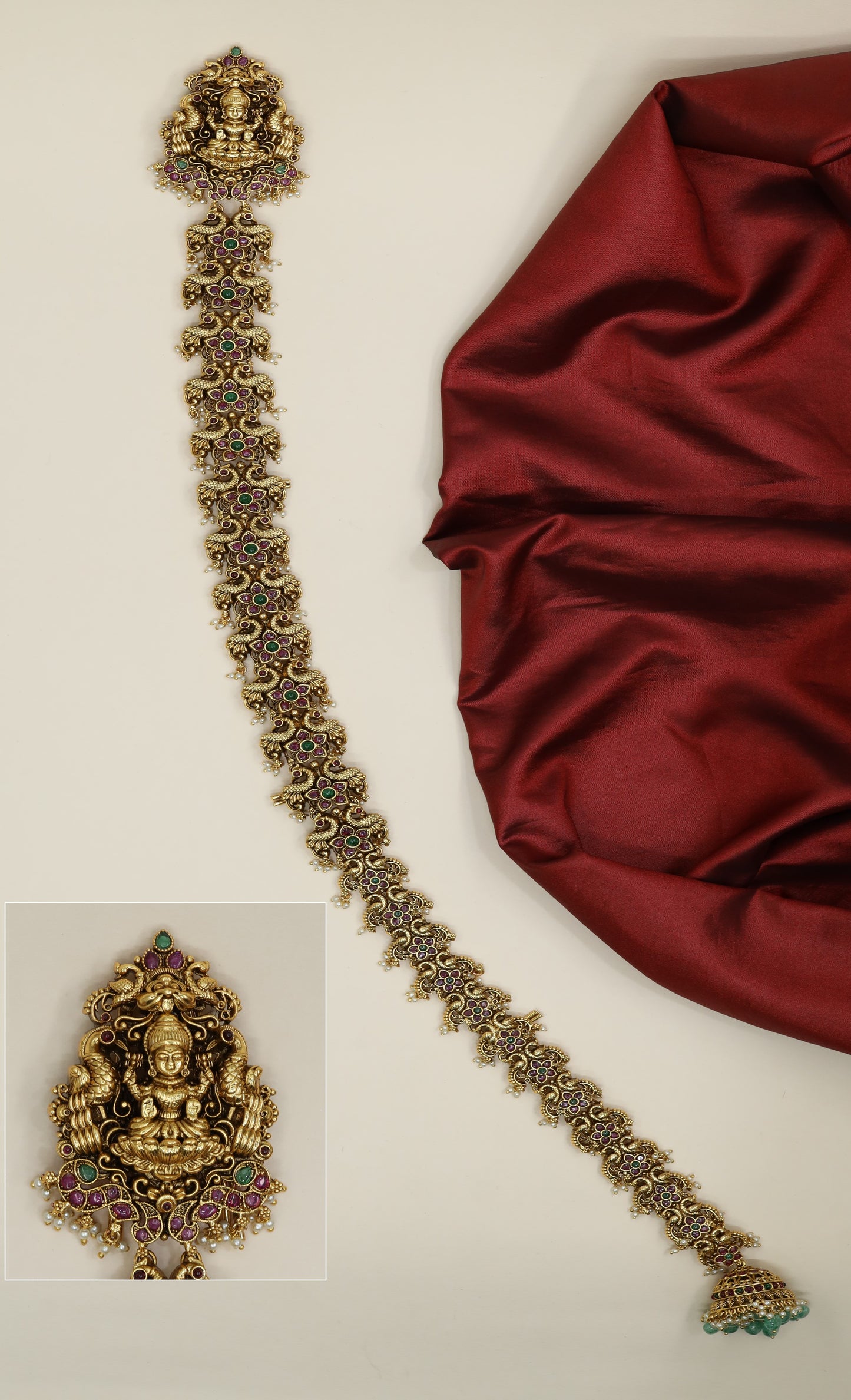 Temple jewellery Lakshmi long jade with continuous floral link construction