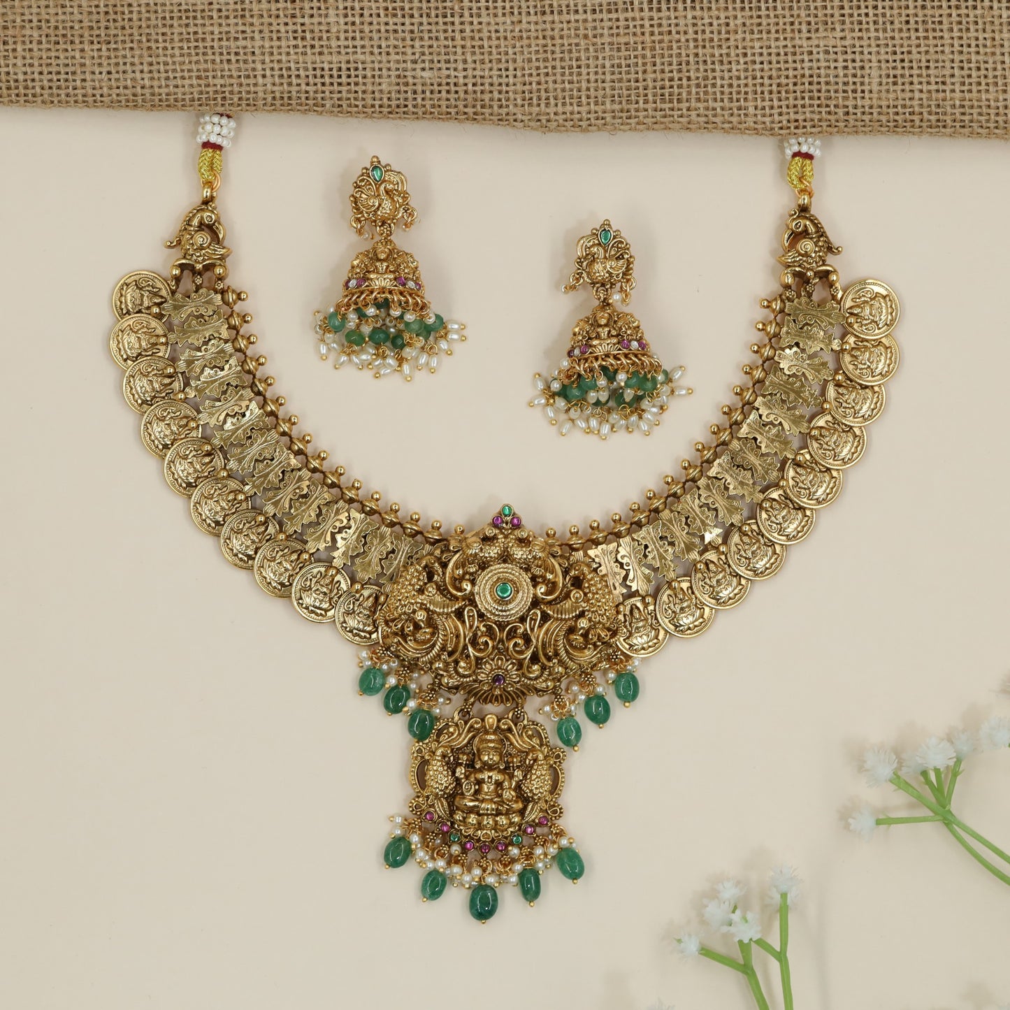 Traditional Temple Necklace with Lakshmi Pendant and Coin Motifs