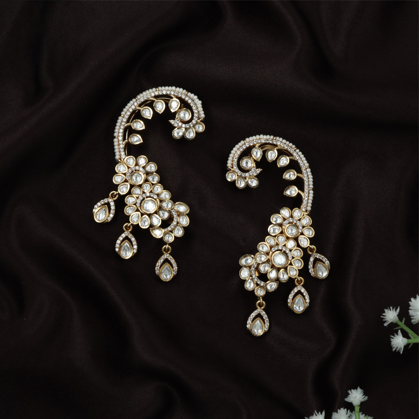 Kundan Floral Ear Cuff Earrings with Teardrop Dangling Drops