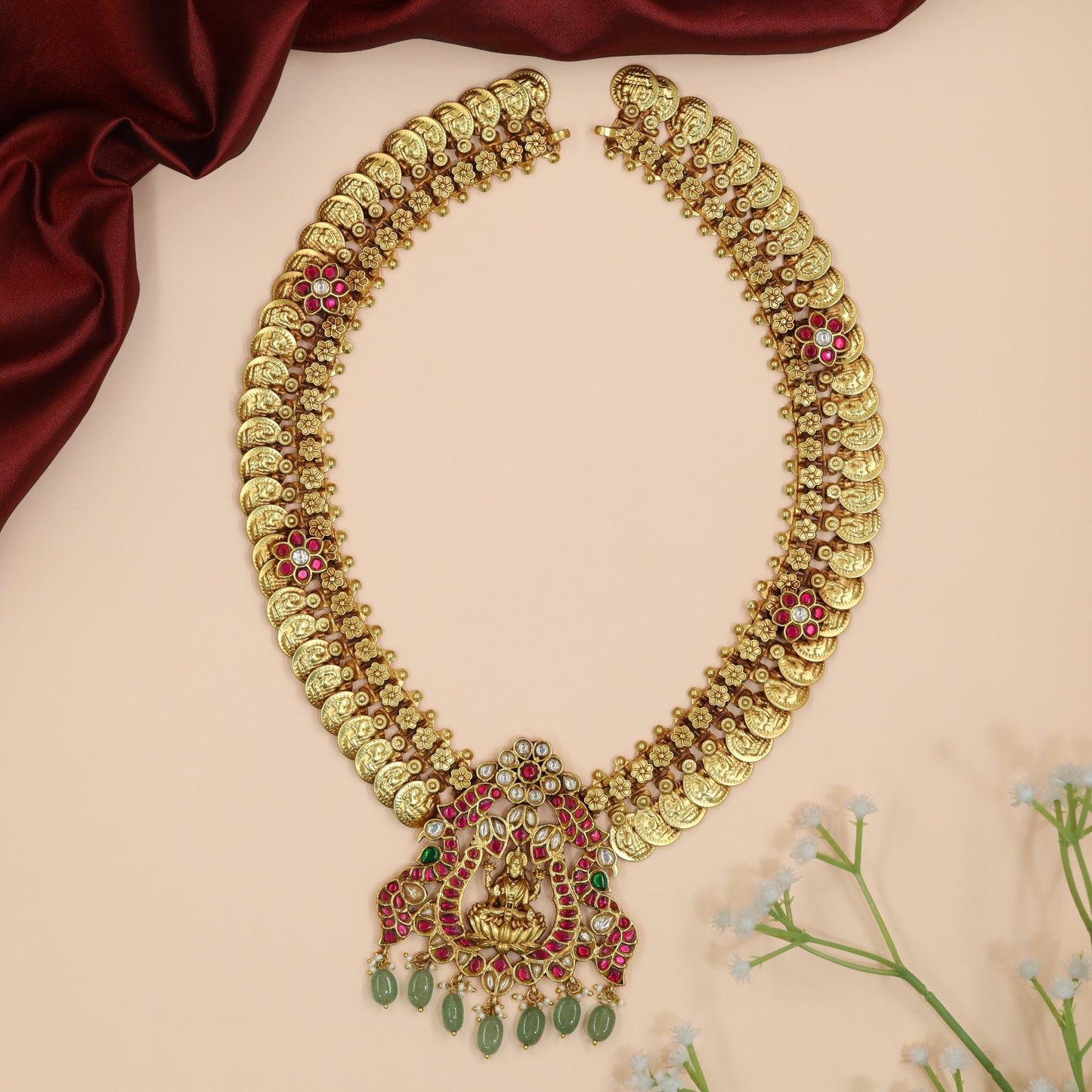 Temple Coin Long Haara with Lakshmi Peacock Arch Pendant Design