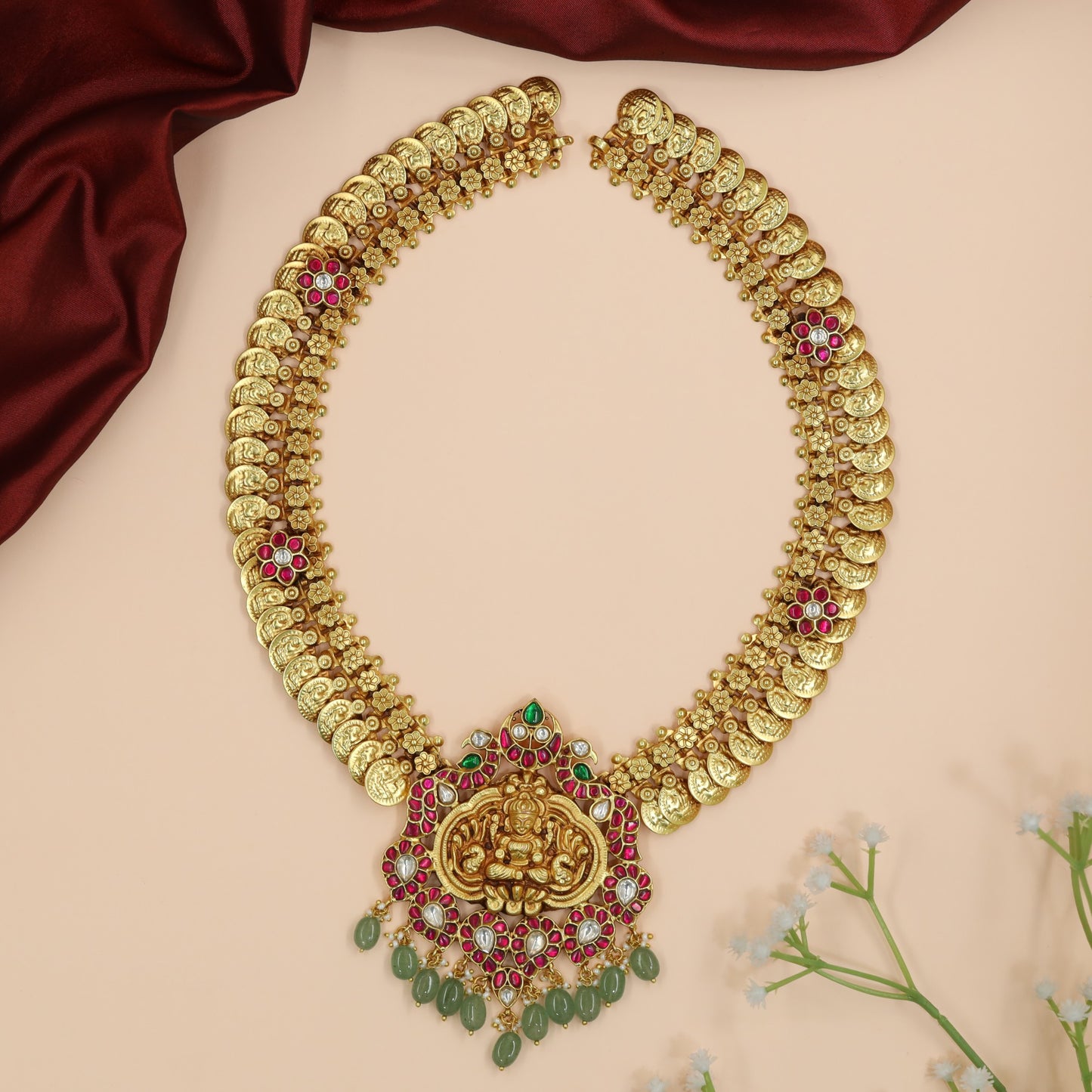 Temple Coin Pattern Long Haara with Peacock Openwork Pendant