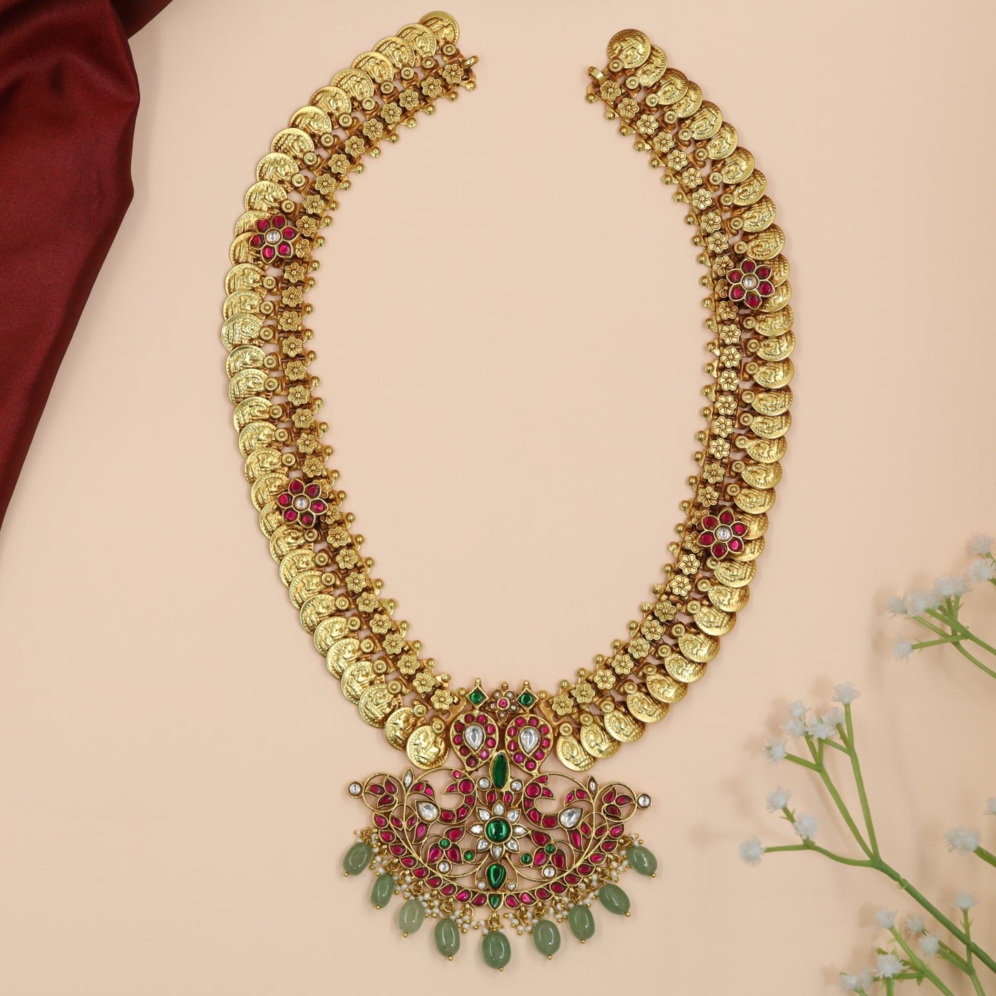 Traditional Temple Long Haara with Twin Peacock Floral Centrepiece