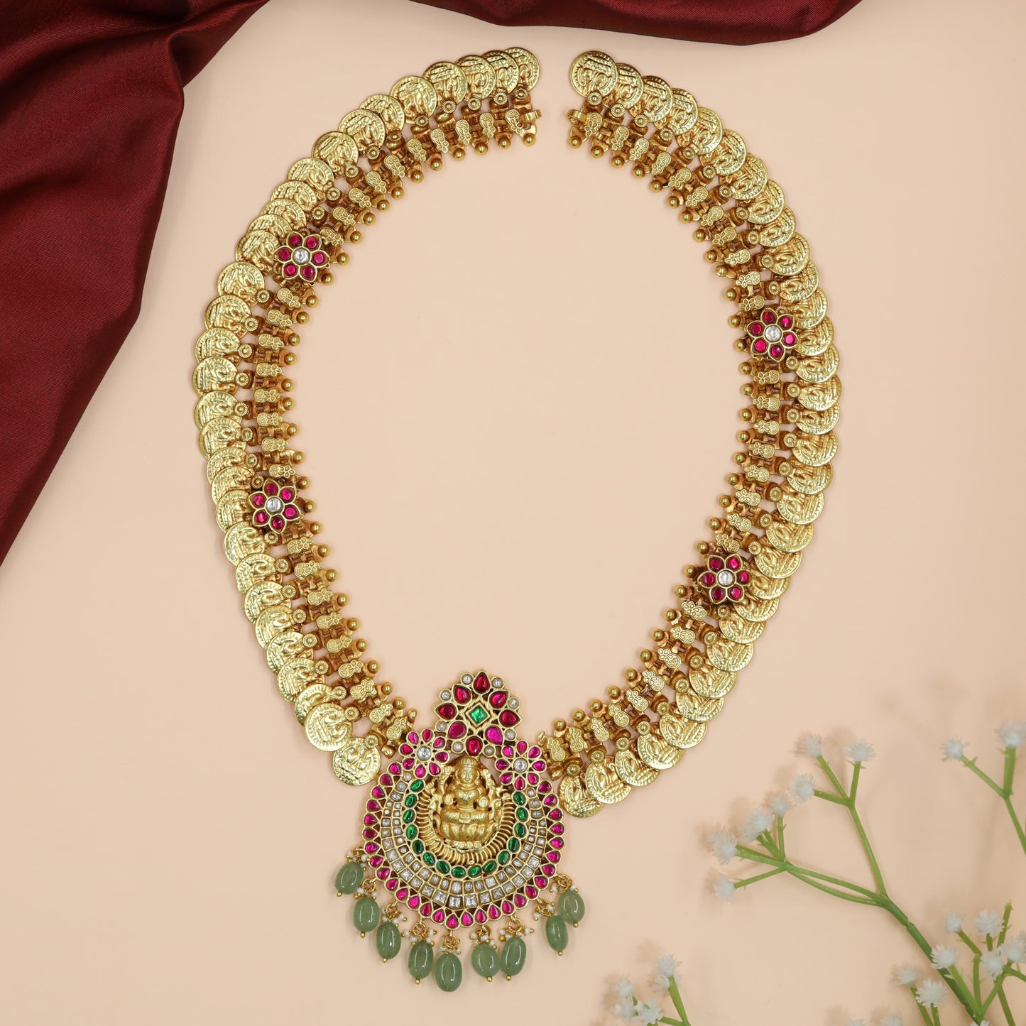 Lakshmi Coin Long Haara with Temple Halo Centrepiece Pendant