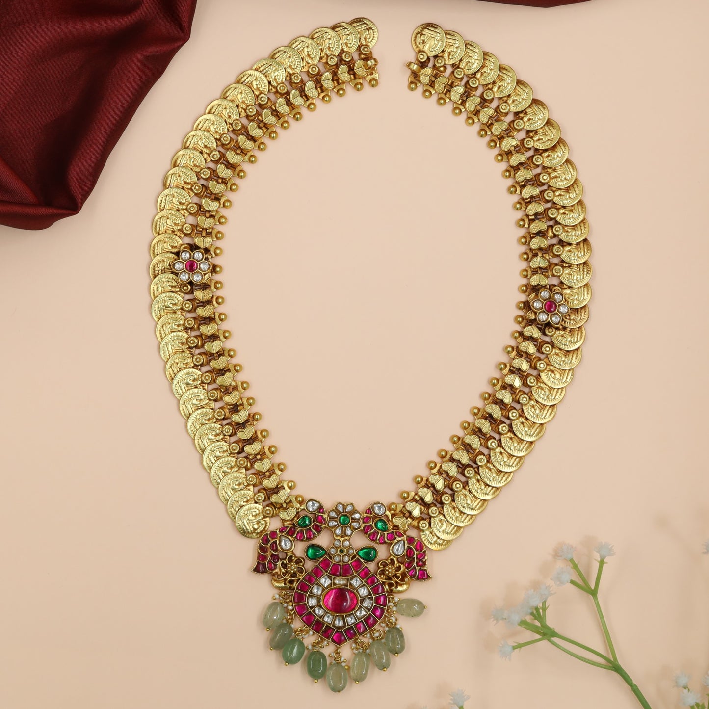Temple Coin Long Haara with Twin Peacock Halo Pendant Design