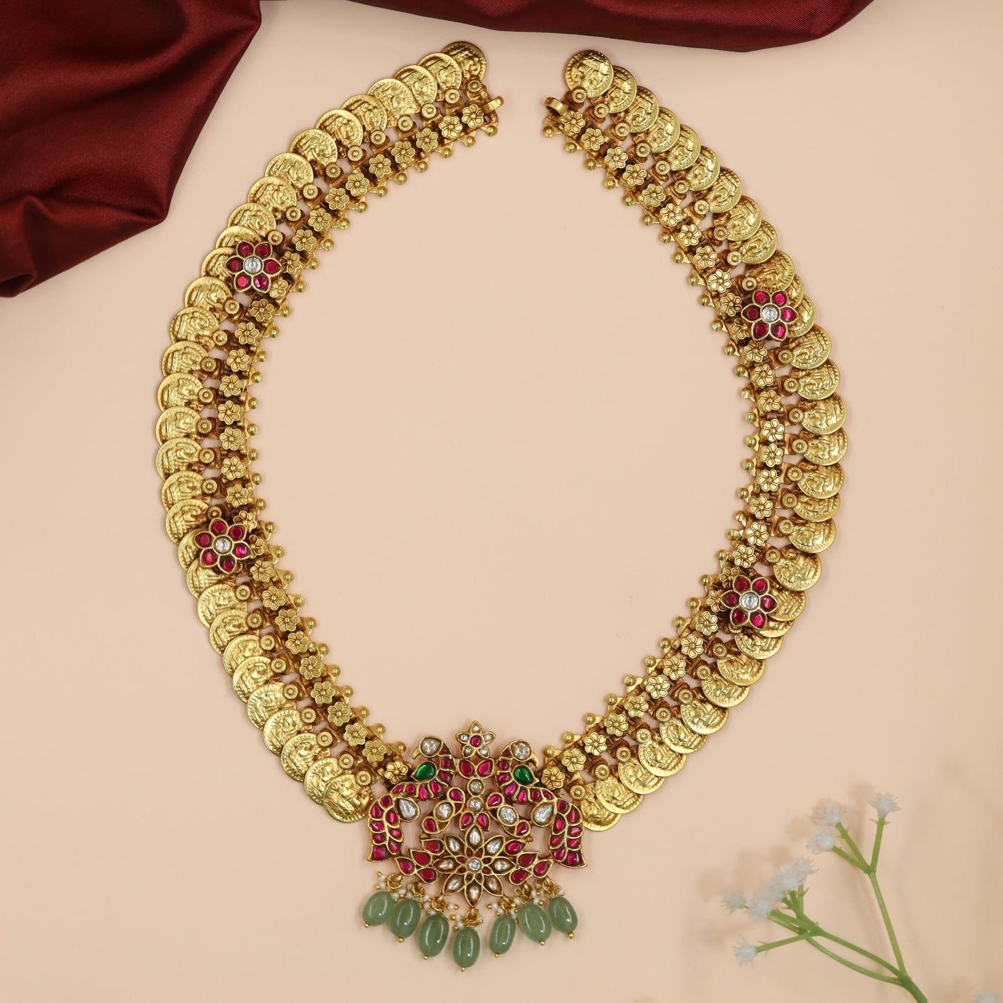 Lakshmi Coin Long Haara with Peacock Motif Centrepiece