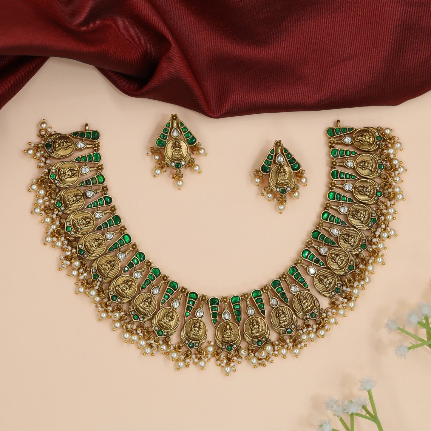 Coin Panel Jadau Necklace with Decorative Fringe Border