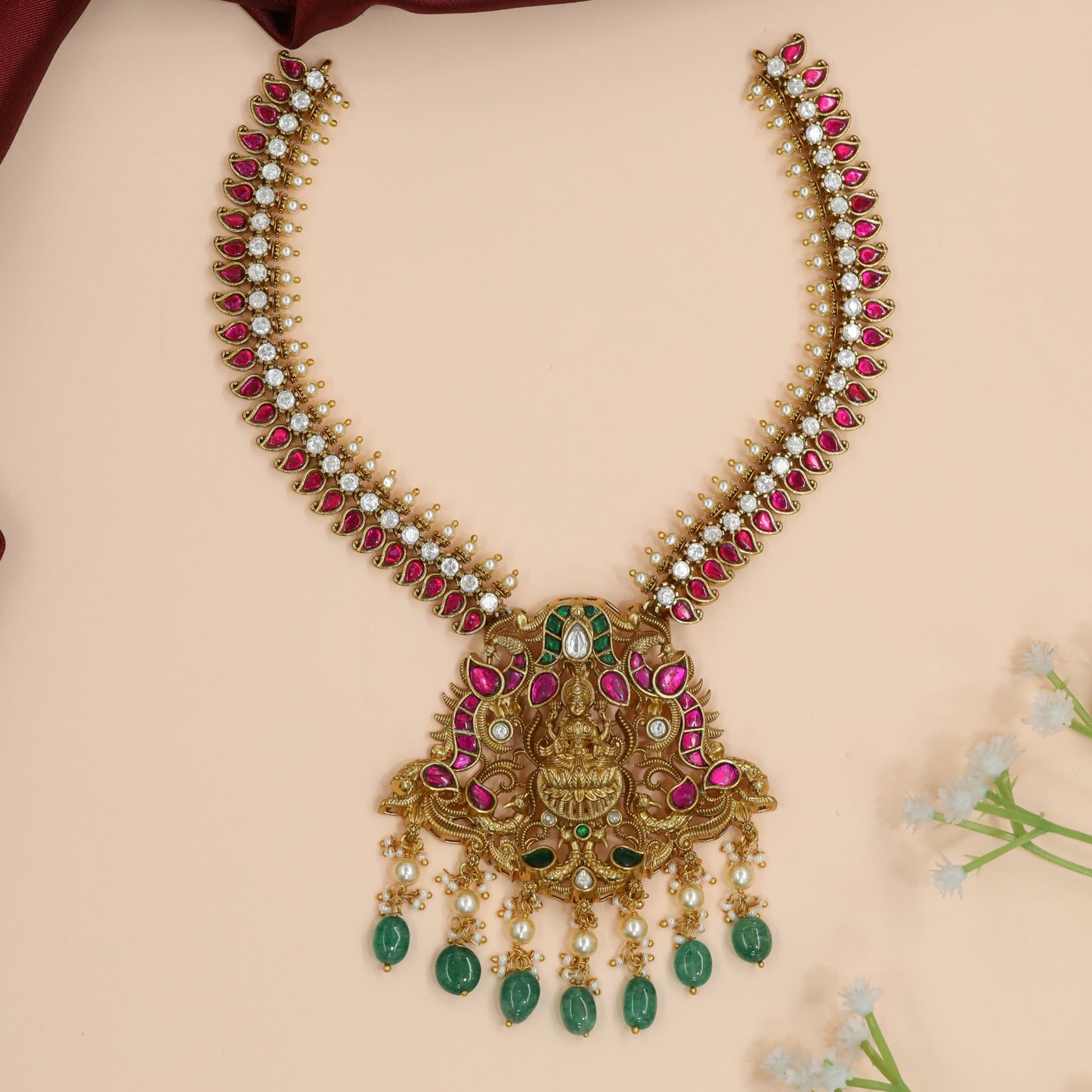 Lakshmi Jadau Necklace with Temple Pendant and Peacock Motif Detailing