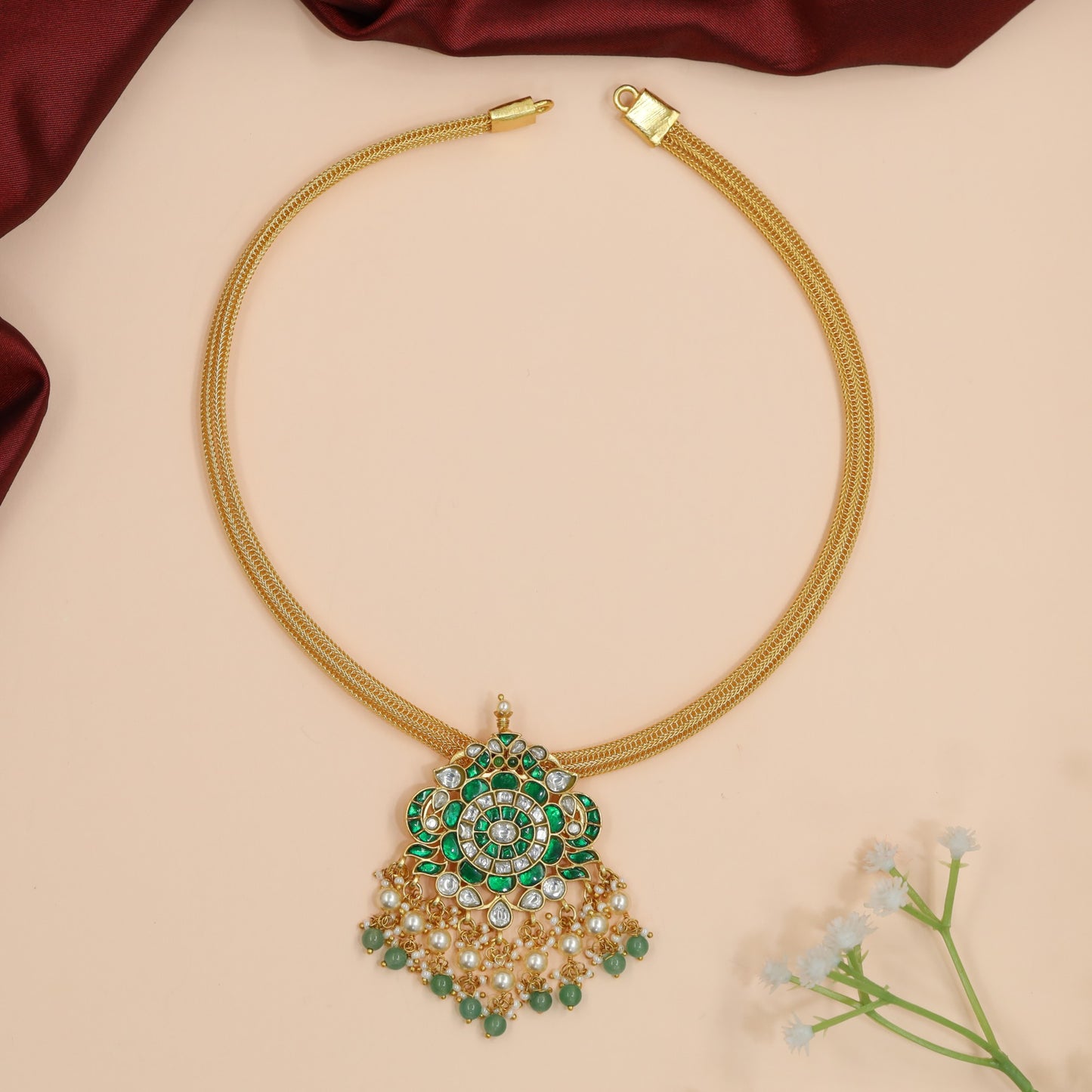 Twin Peacock Pendant Jadau Necklace with Drop Fringe
