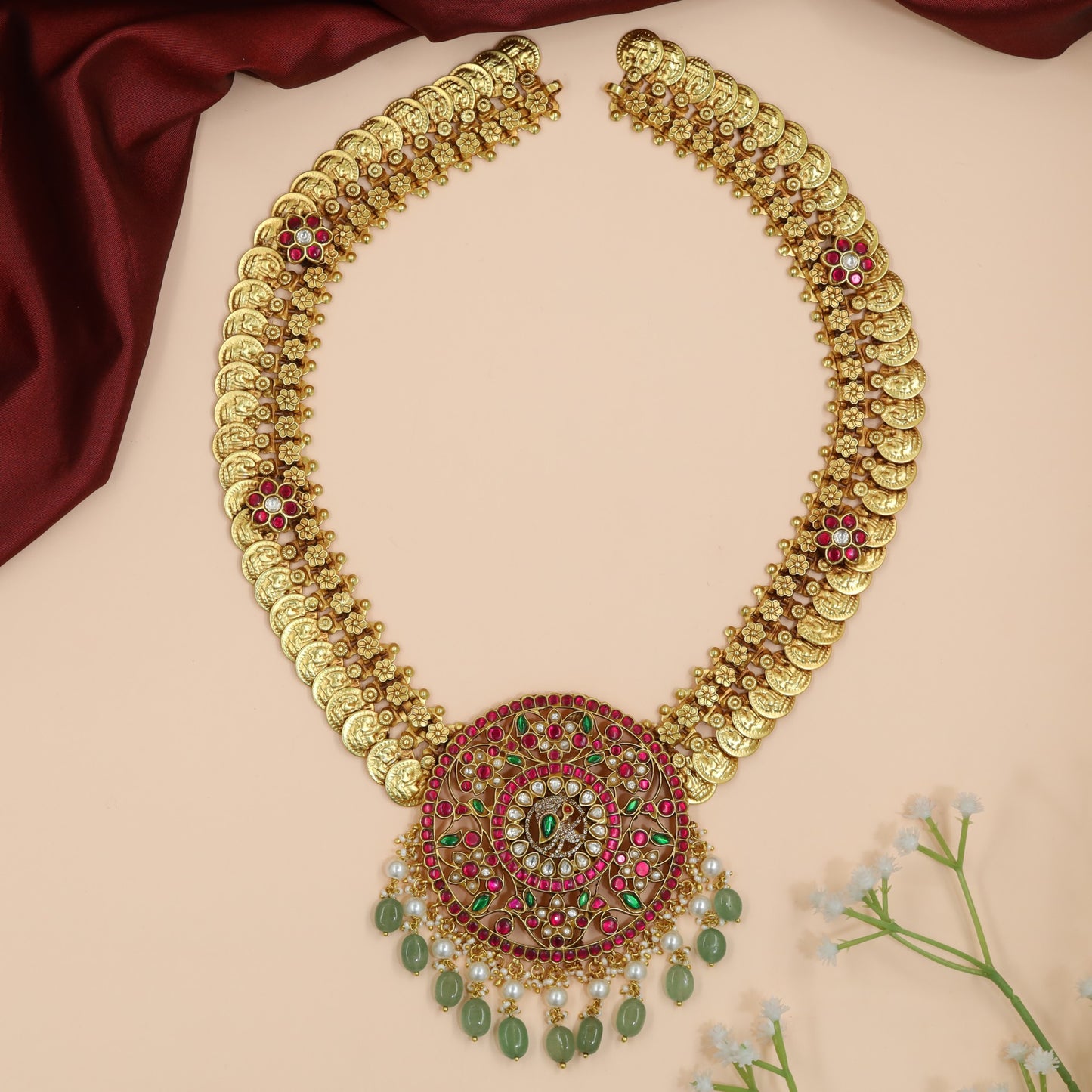 Coin Motif Long Haara with Peacock Medallion and Bead Drops