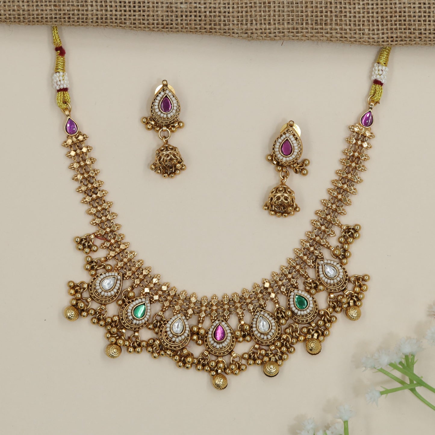 Statement Kundan Necklace with Teardrop Stone Centre Pattern