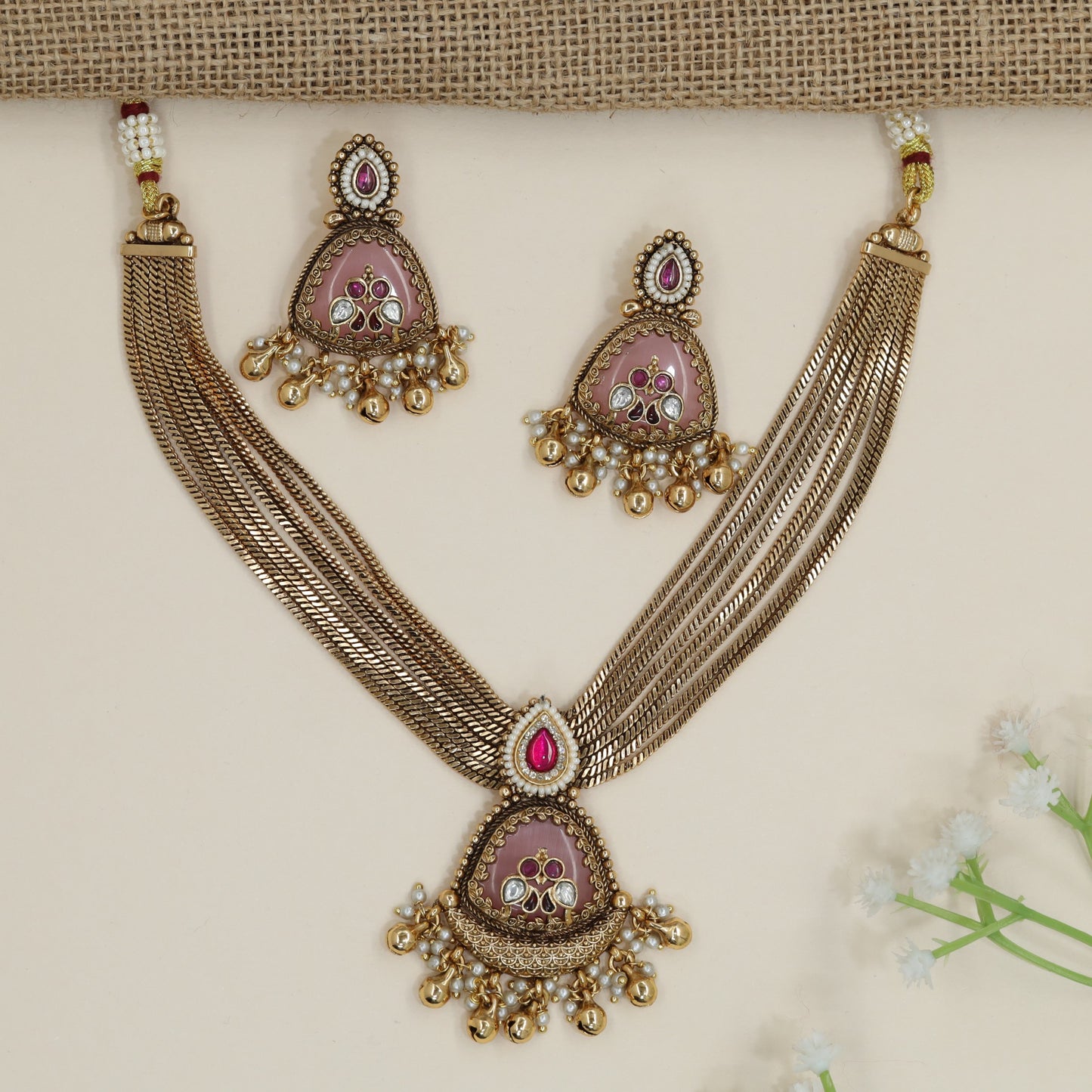 Floral Rosette Kundan Necklace with Pearl Tassel Border