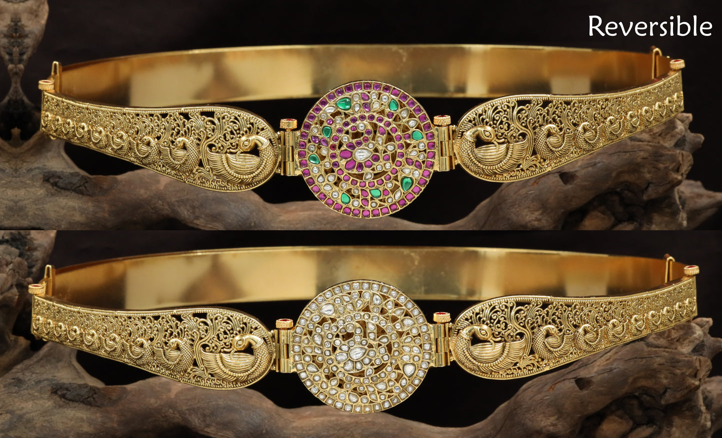 Peacock panel dabu belt with dual-look centrepiece design
