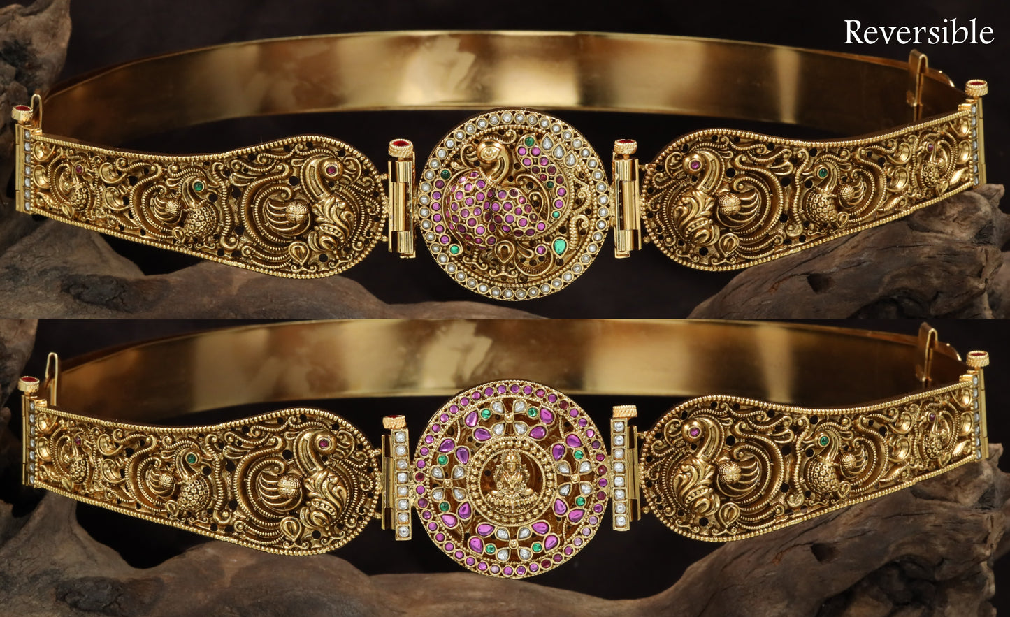 Reversible peacock dabu with Lakshmi medallion centerpiece