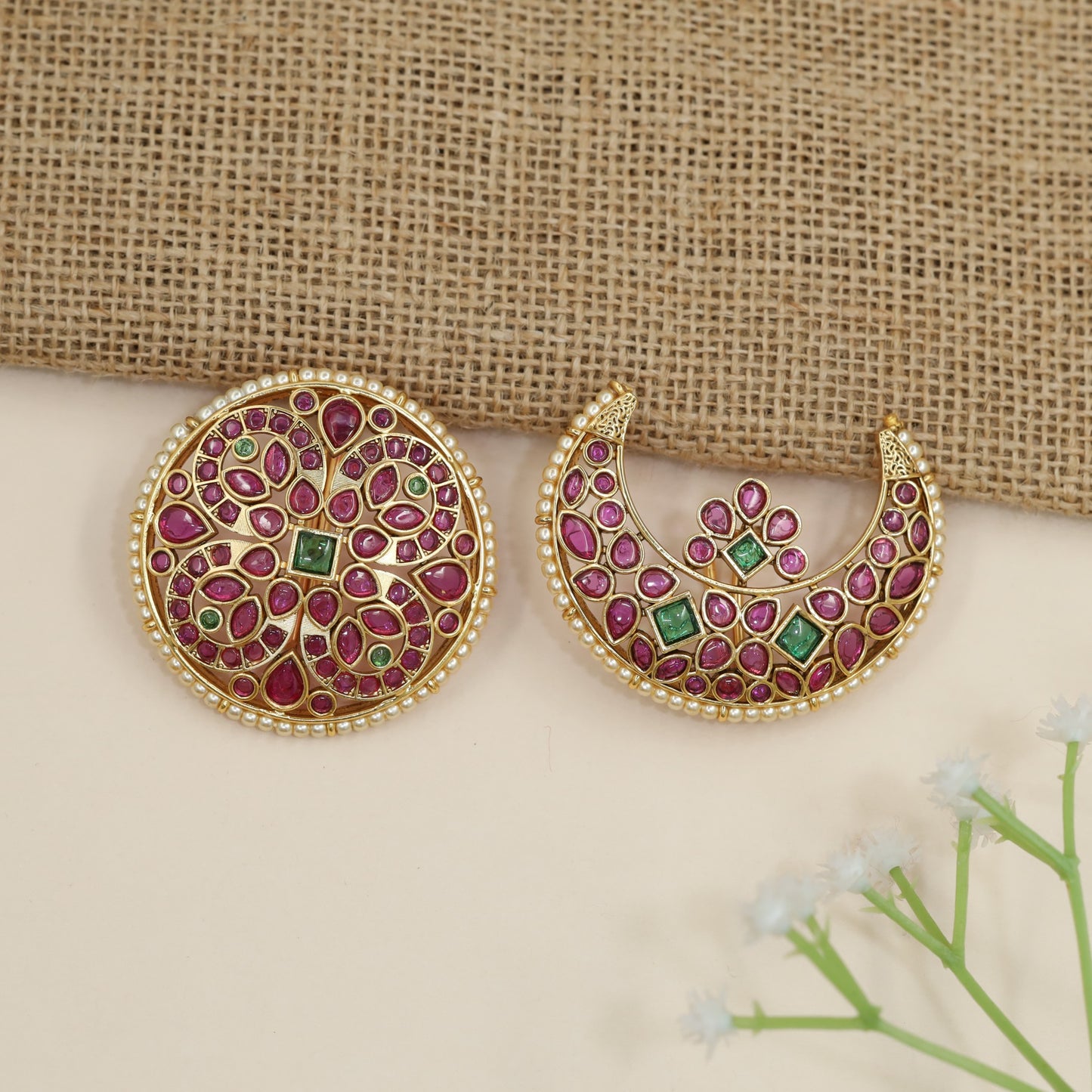 Wedding Edit Kempu sun moon studs with layered floral motifs