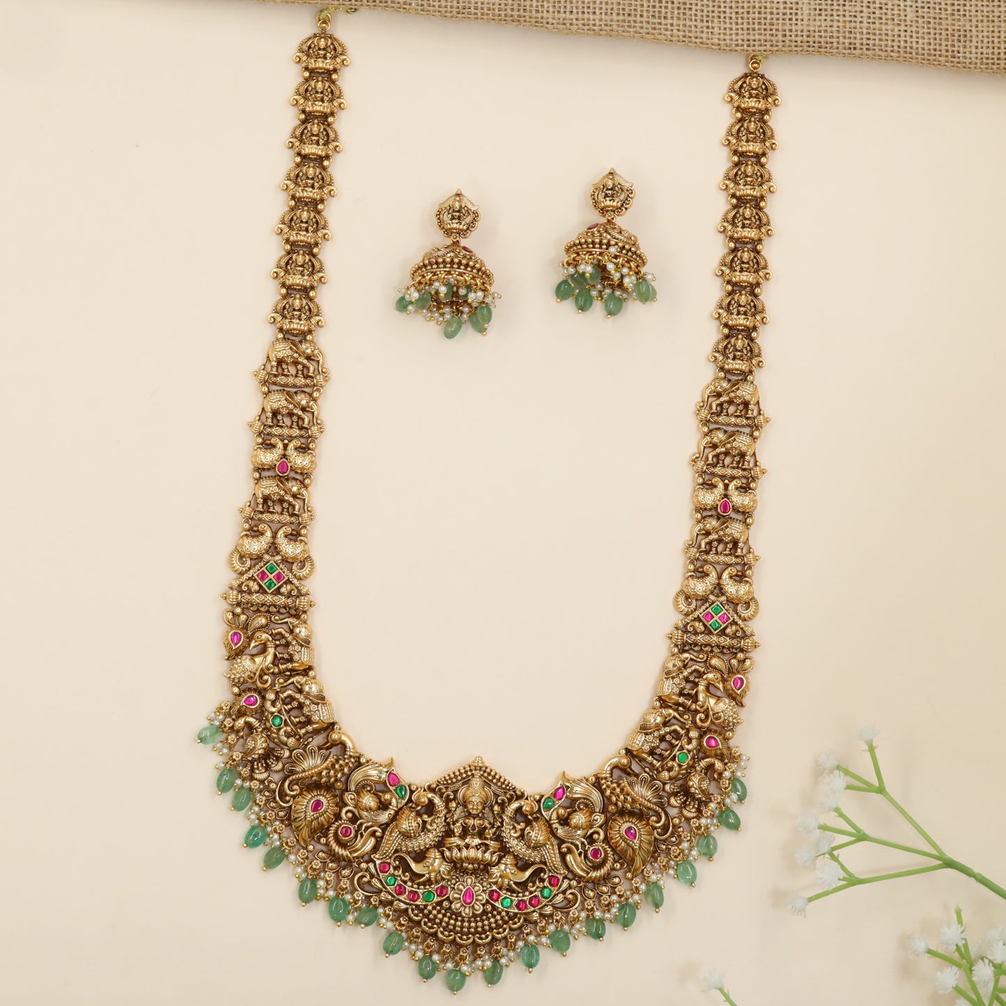 Antique Lakshmi long haara with sculpted peacock artistry