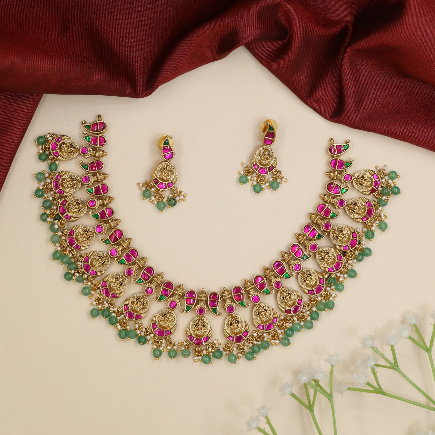 Lakshmi jadau necklace with coin motifs and pearl fringe