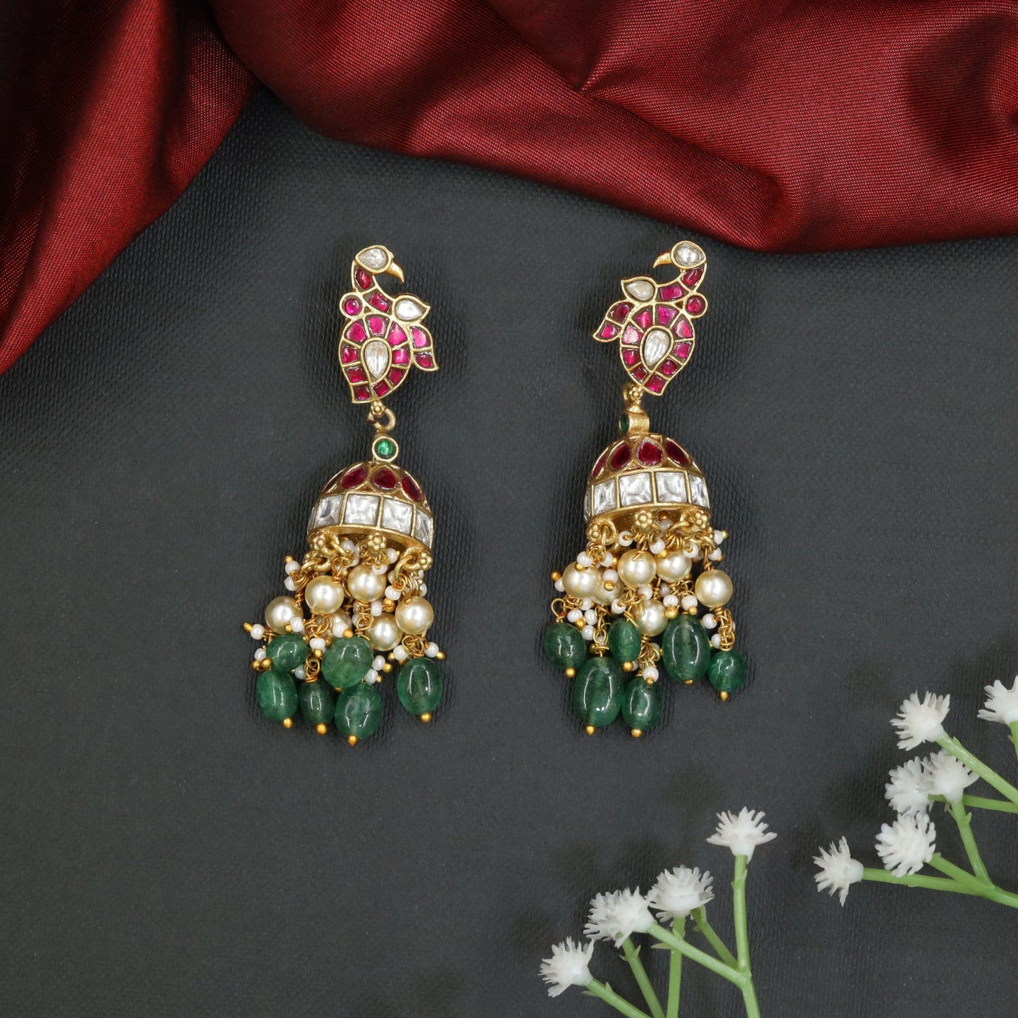 Peacock jadau jhumka with pearl and bead drops
