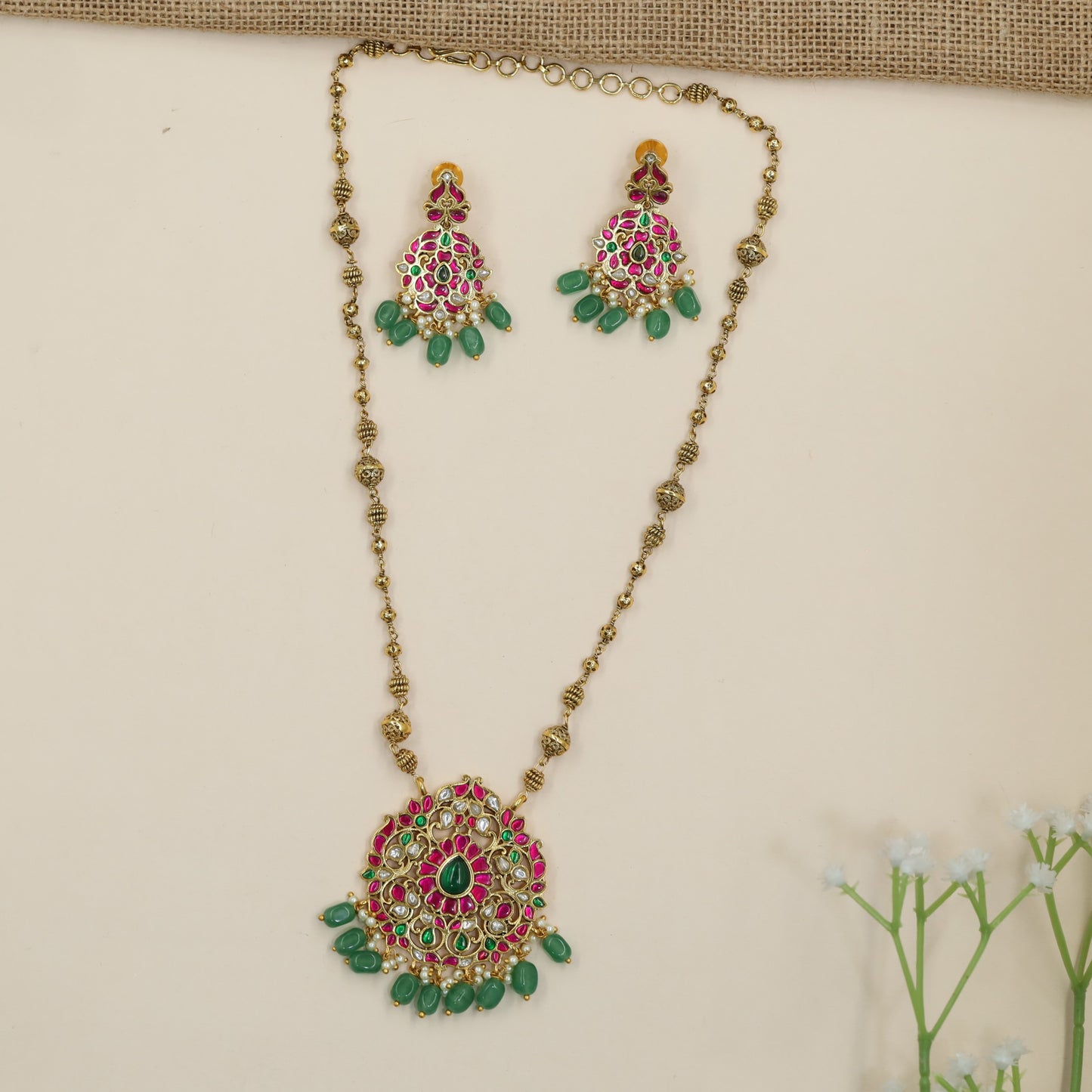 Grand Jadau chain with statement floral pendant and ornamental bead fringe