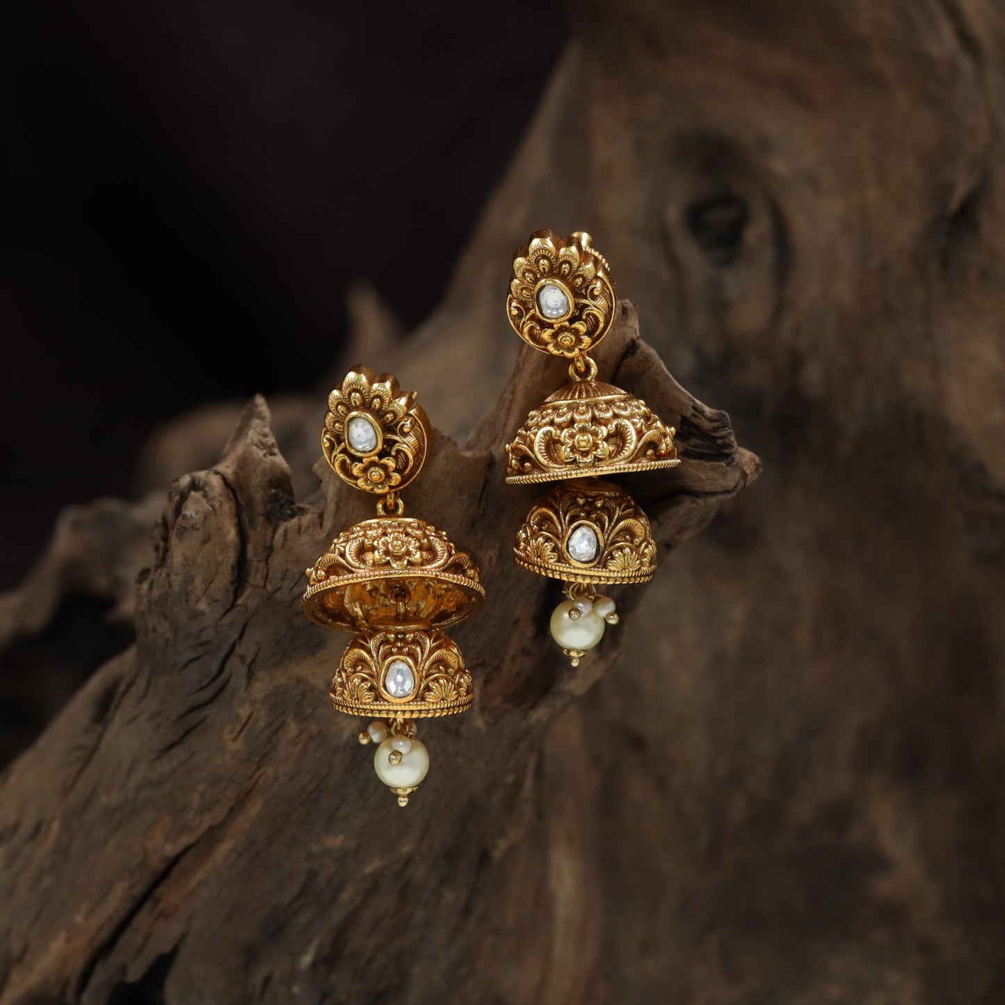 Designer double layer jumka with heritage-inspired detailing