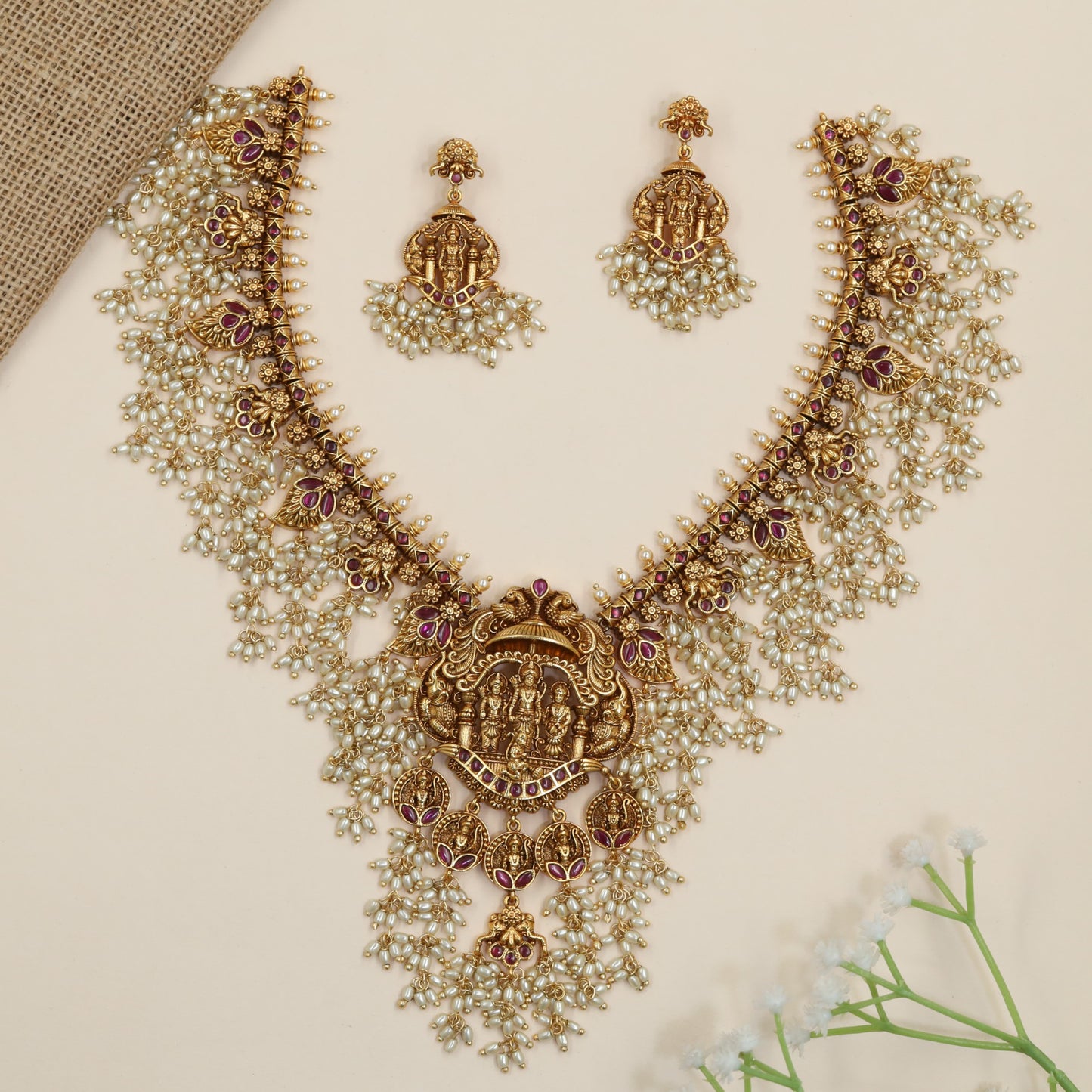 Premium antique necklace with Rama Darbar centerpiece and floral bead craftsmanship