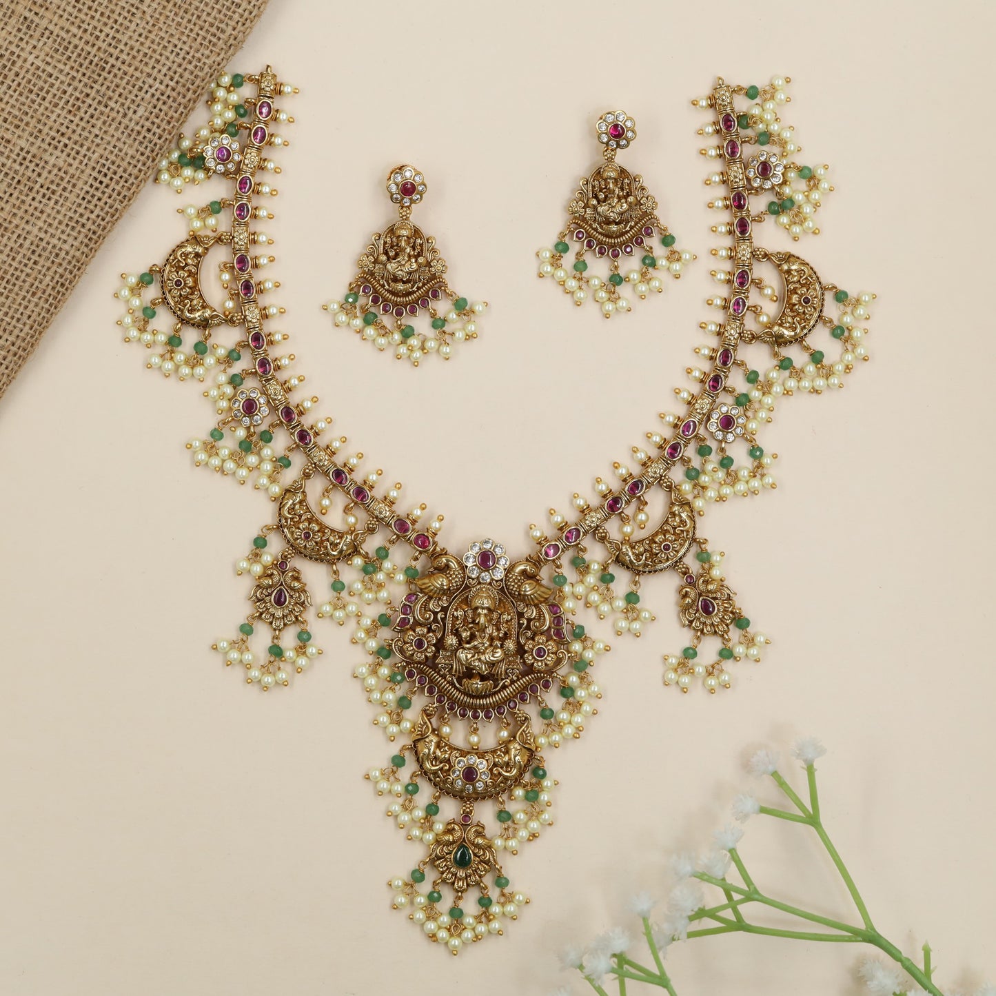 Artisan temple necklace with Lord Ganesha pendant and pearl cluster fringe