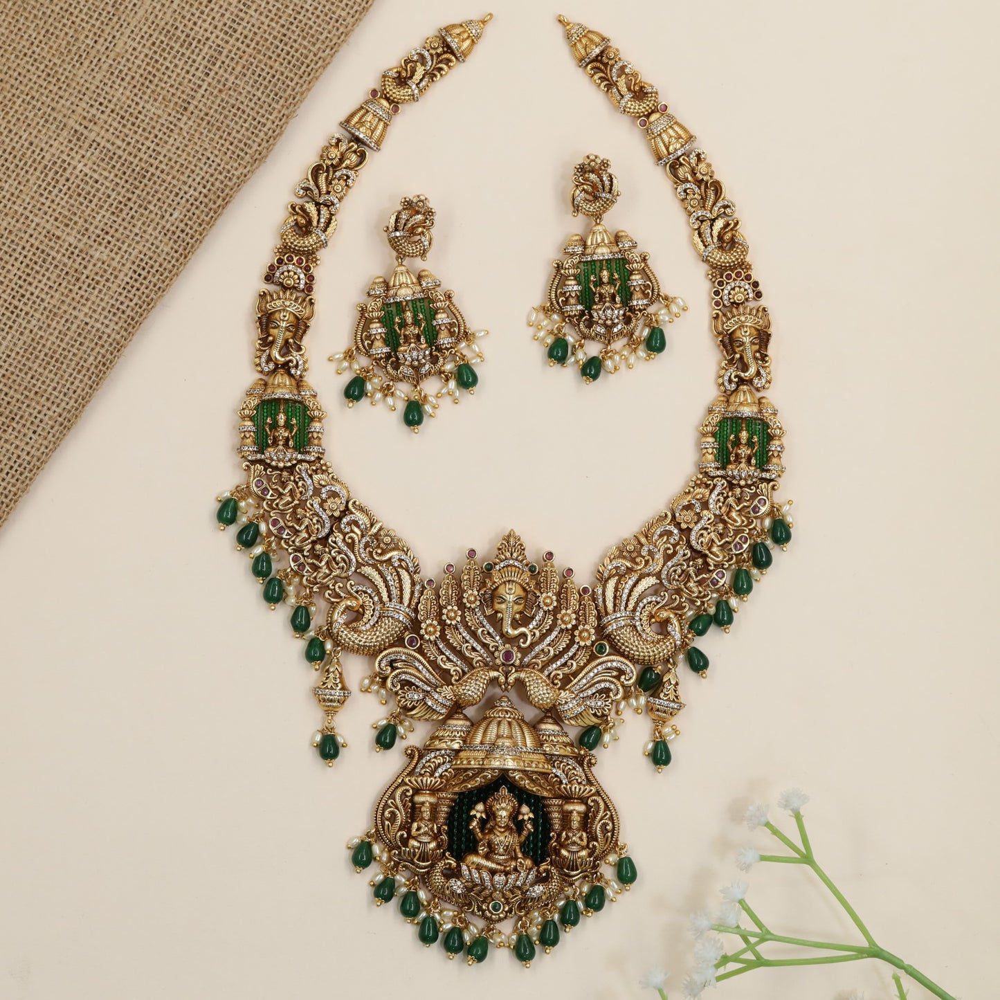 Premium antique long haara with Ganesha centerpiece and intricate temple craftsmanship