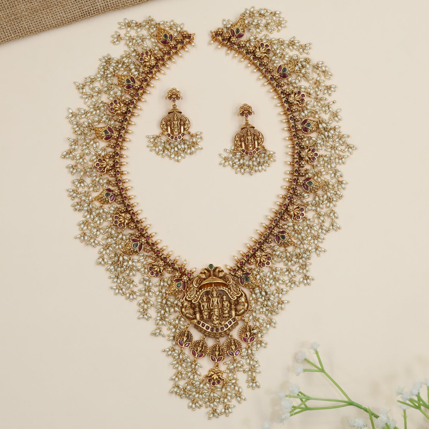 Antique Rama Darbar long haara with pearl vine fringe and temple pendant
