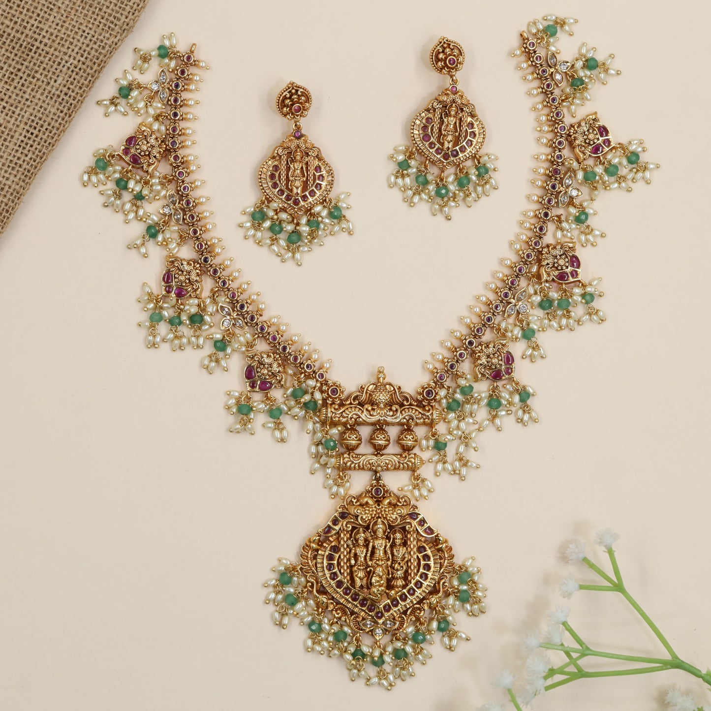 Statement Rama Darbar necklace with ornate pendant and floral bead accents