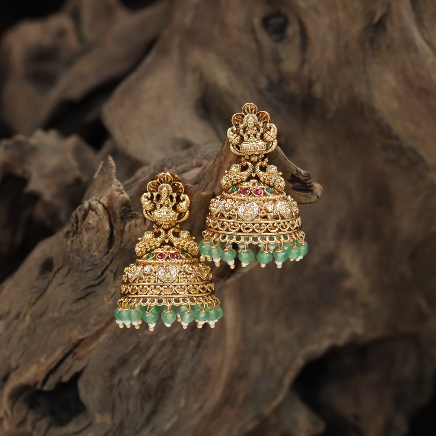 Temple jhumka with Lakshmi stud and layered dome detailing