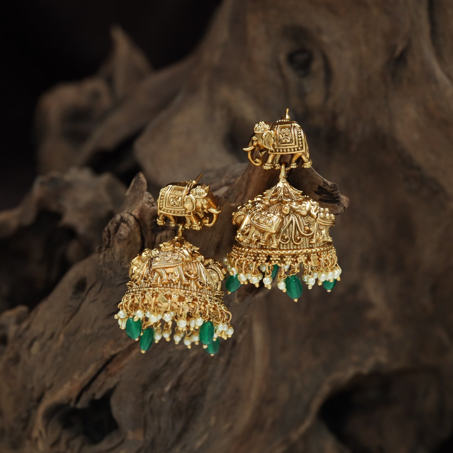 Royal Antique temple earrings with elephant motif and bead drops