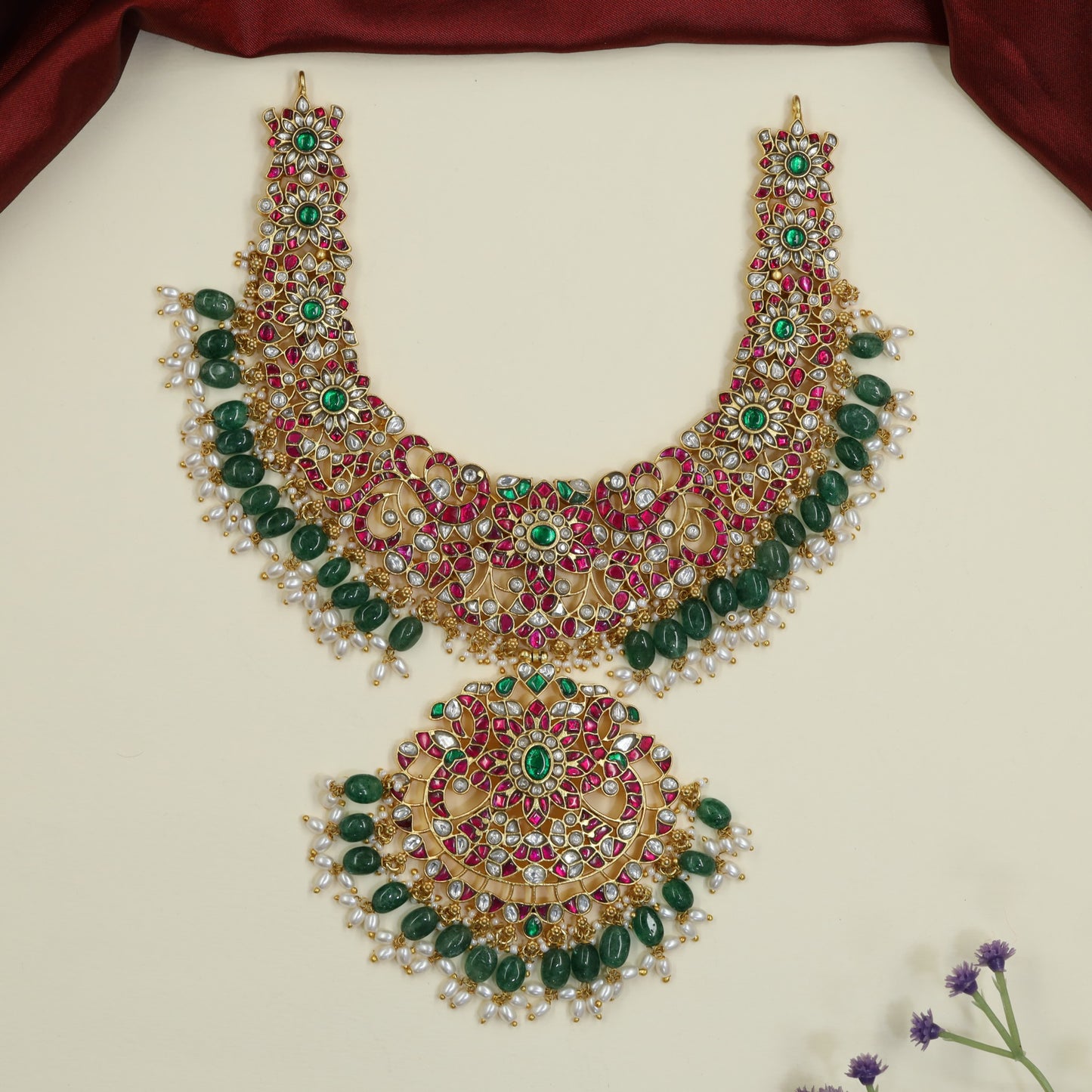 Royal Peacock Jadau Necklace with Floral Lattice Design