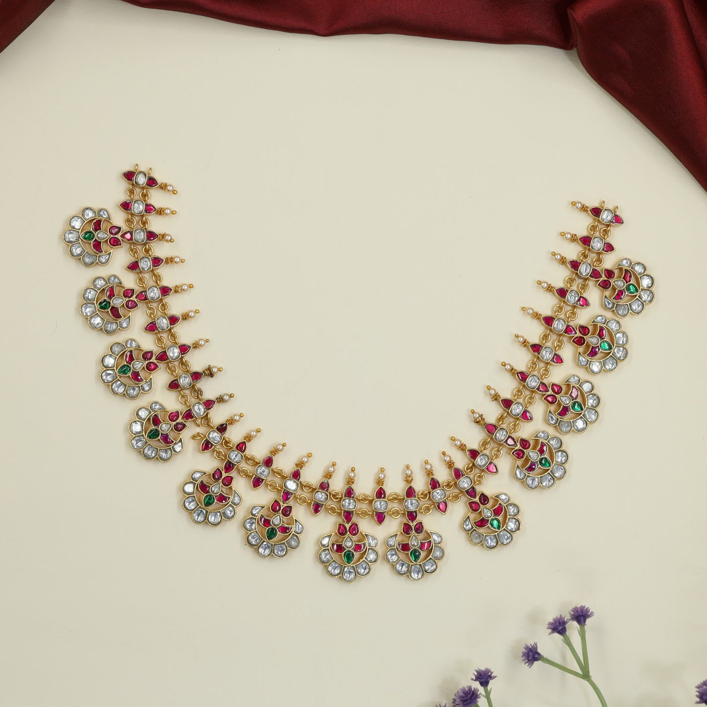 Floral Medallion Jadau Necklace with Fan Drops