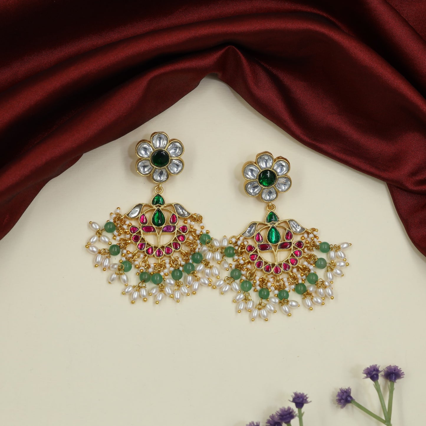 Daisy Bloom Jadau Hangings with Pearl Fringe