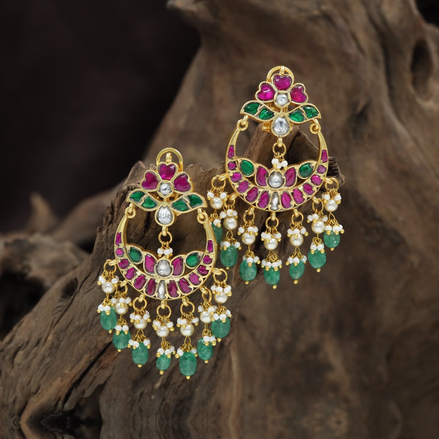 Statement Jadau Hangings with Floral and Crescent Detailing