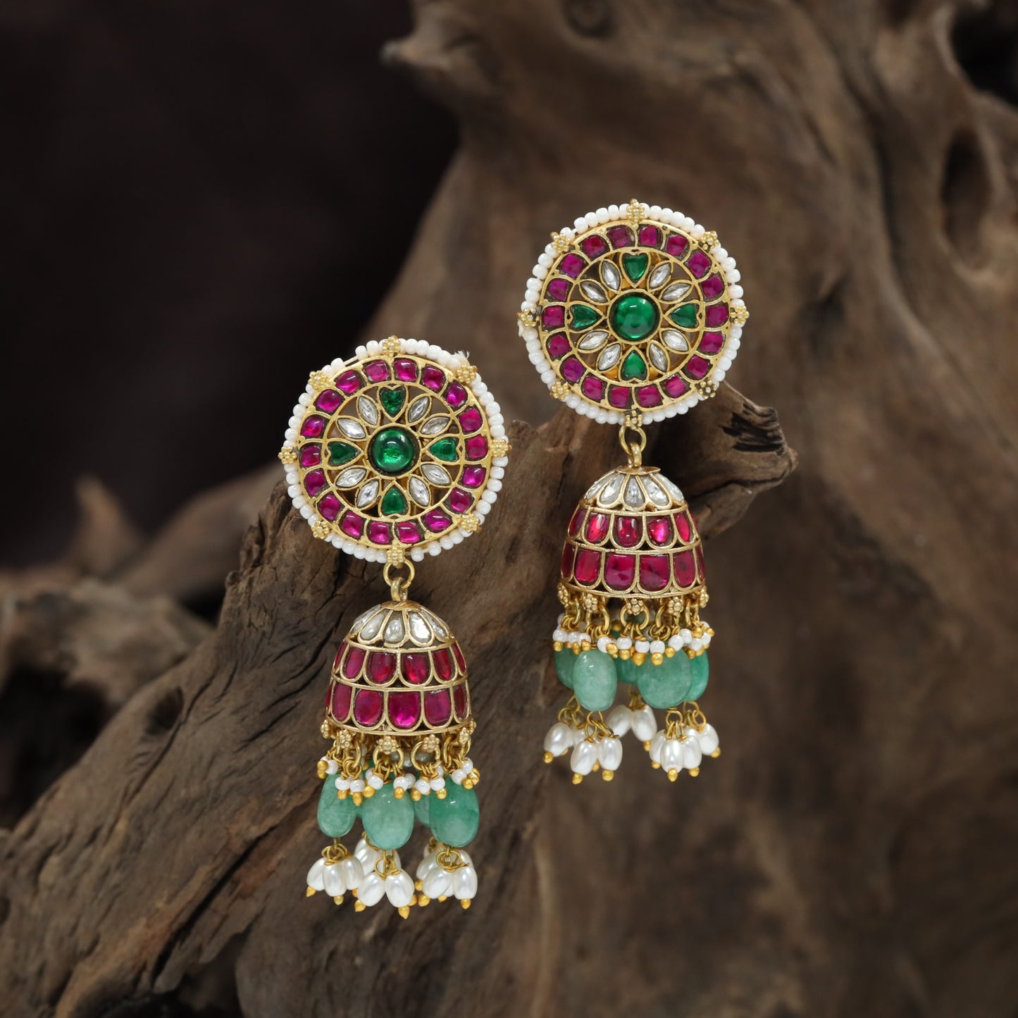 Floral Halo Jadau Jumka with Pearl Tassels