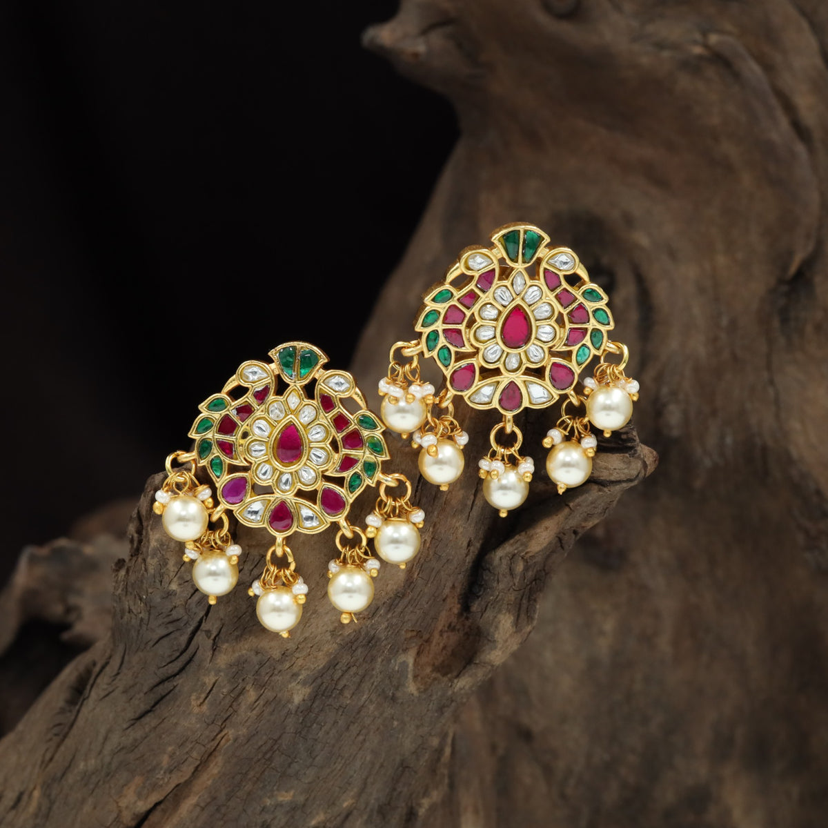 Peacock Feather Jadau Stud with Pearl Drops