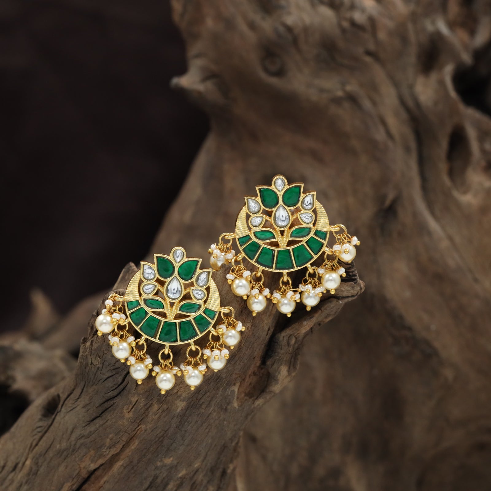 Lotus Jadau Stud with Pearl Tassel Detailing