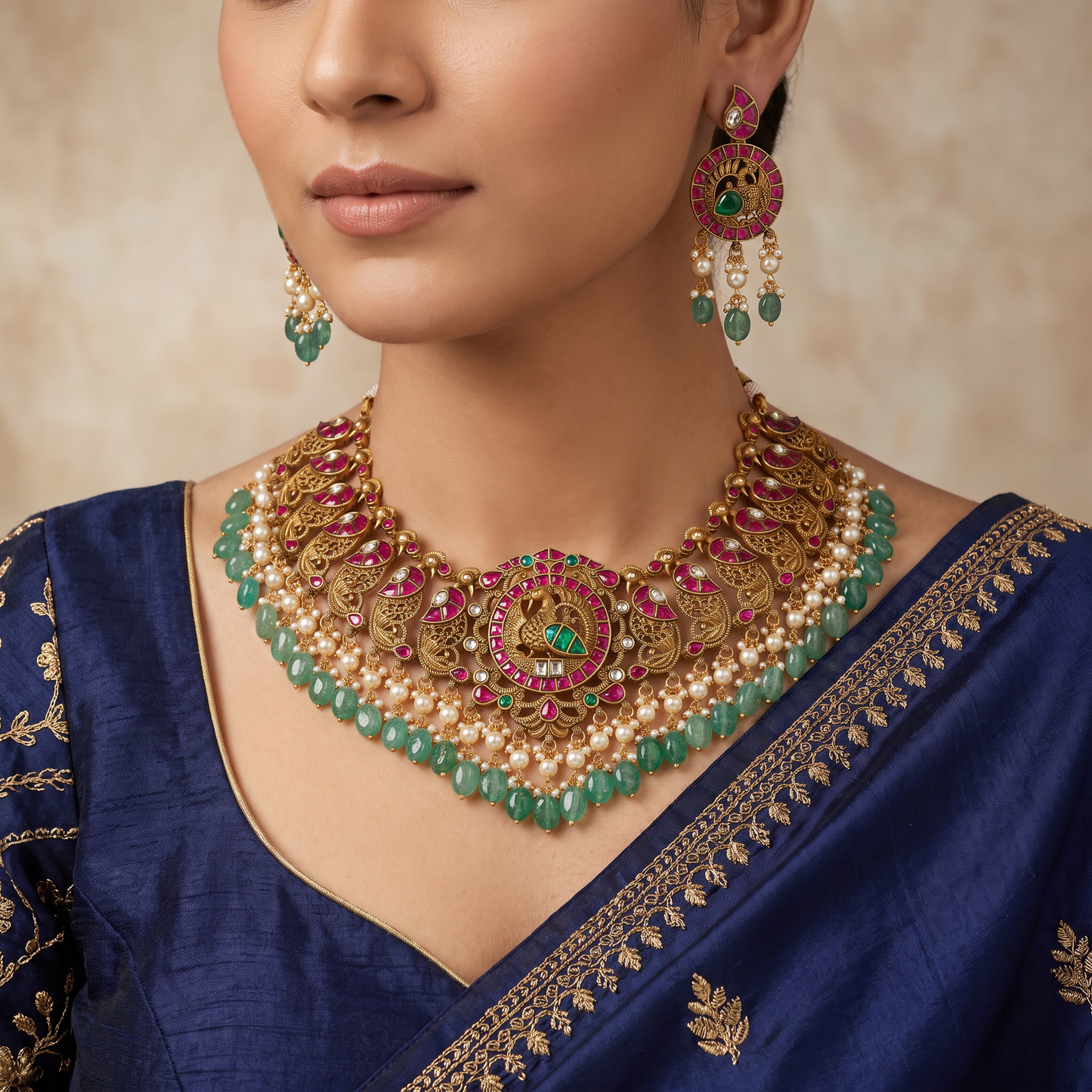 Imperial Jadau Necklace with Peacock Statement Centerpiece