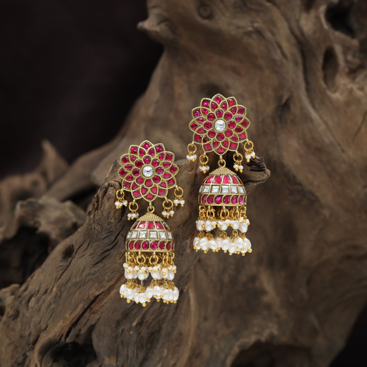 Floral Rosette Jadau Jumka with Pearl Tassels