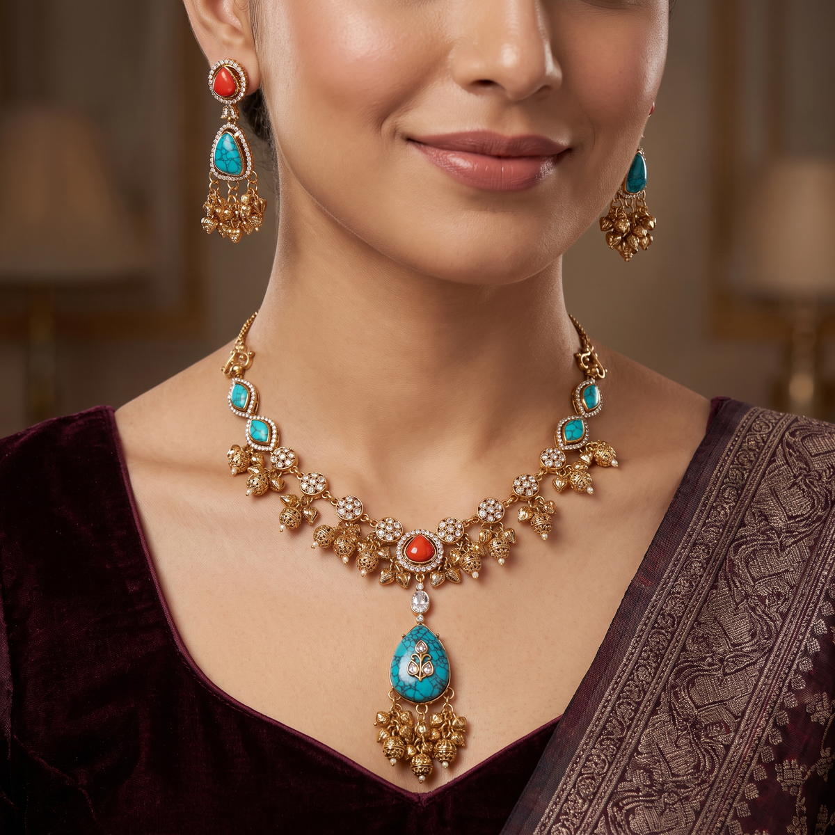 Traditional Kundan Necklace Set with Bell Cluster Pendant