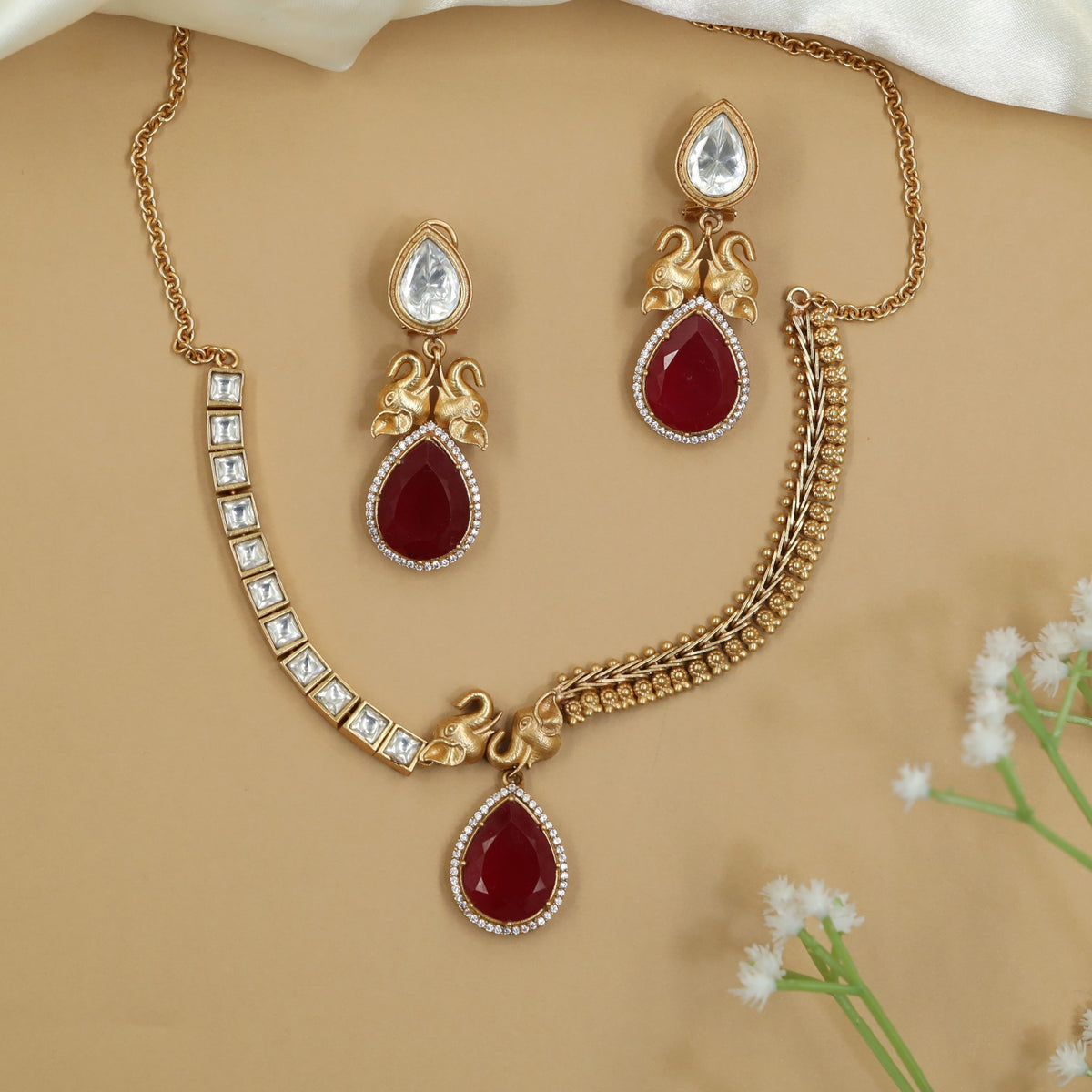 Premium Kundan Twin Elephant Necklace Set with Teardrop