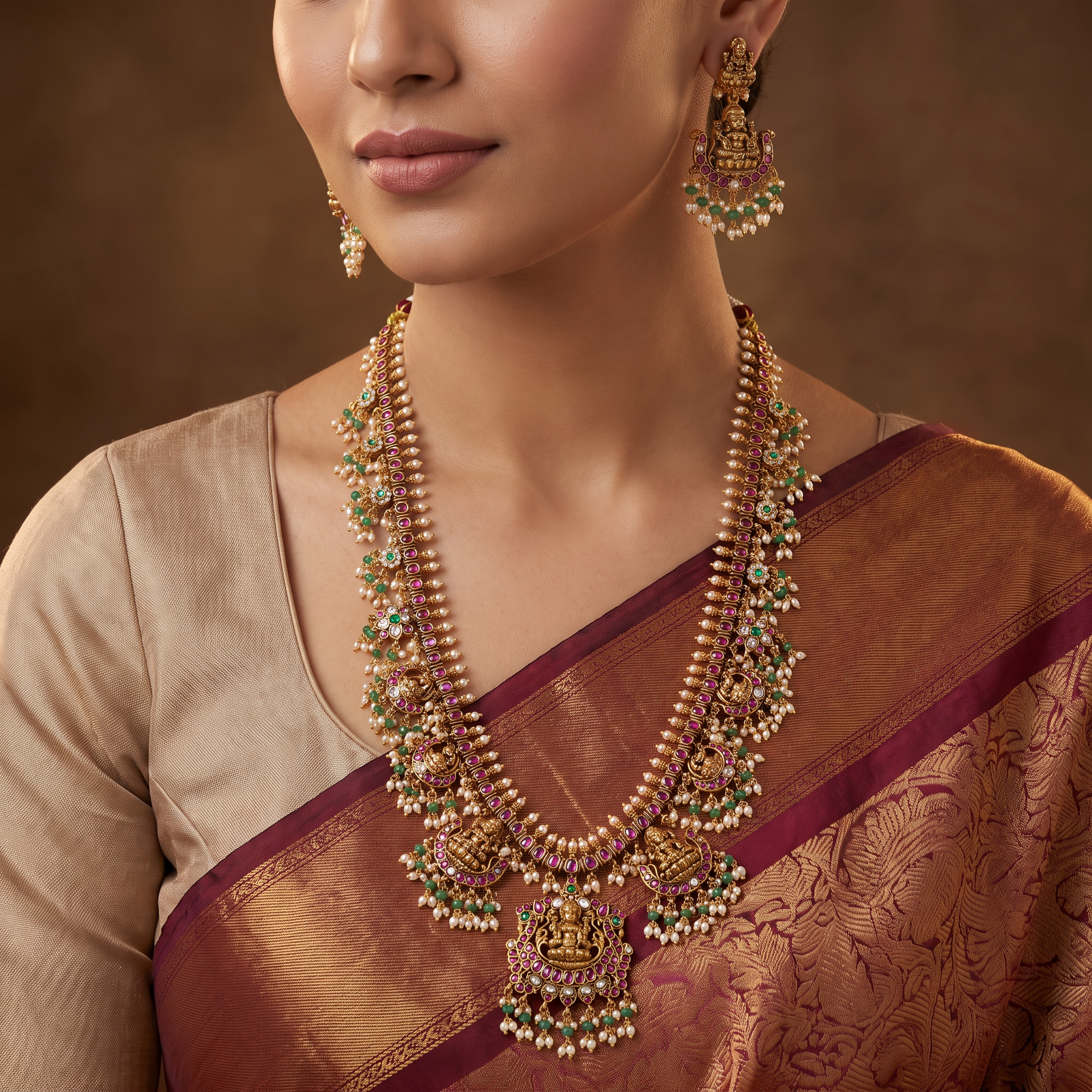 Traditional Antique Long Haara with Temple-Inspired Lakshmi Accents