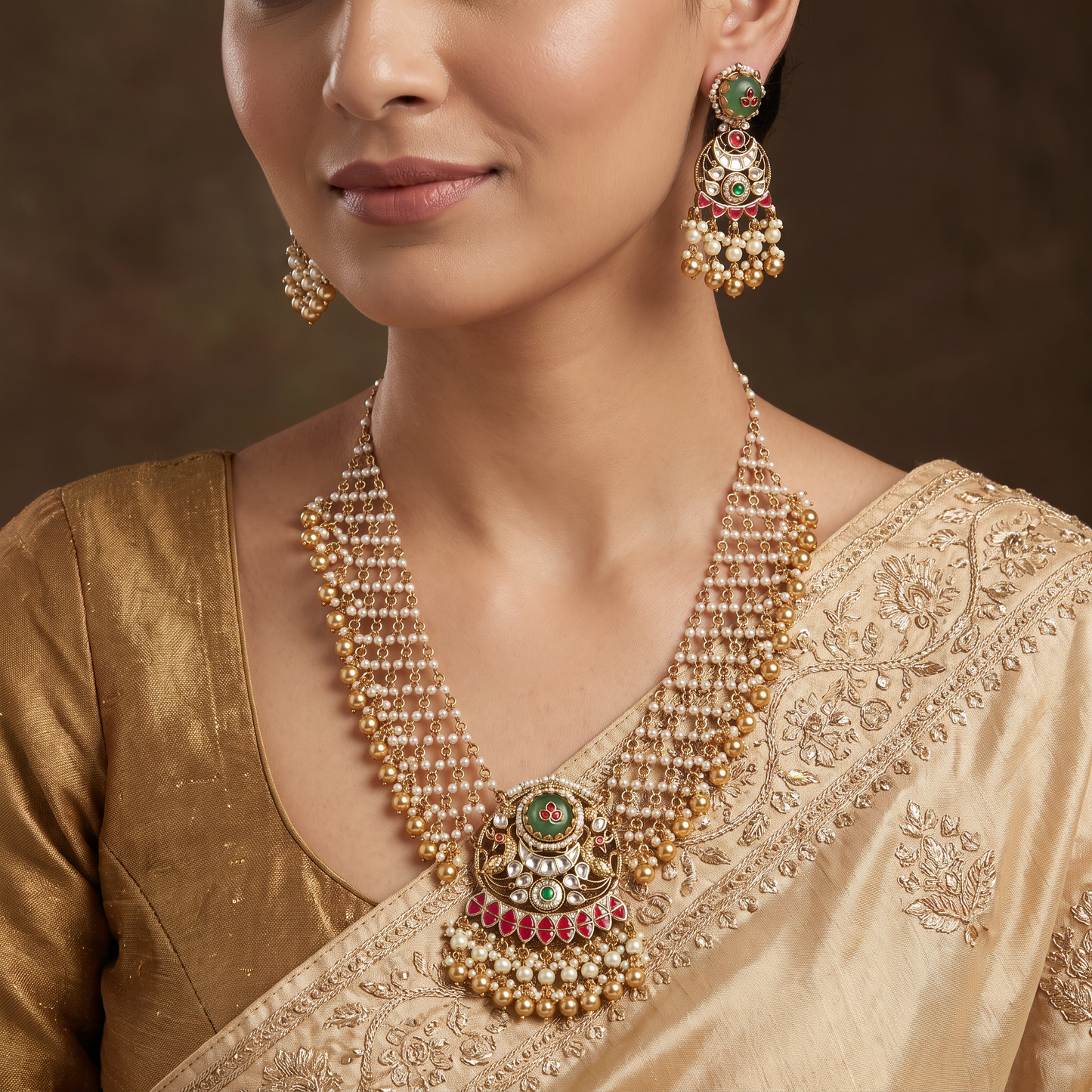Multi-Layer Pearl Jadau Beads Necklace with Crescent Pendant